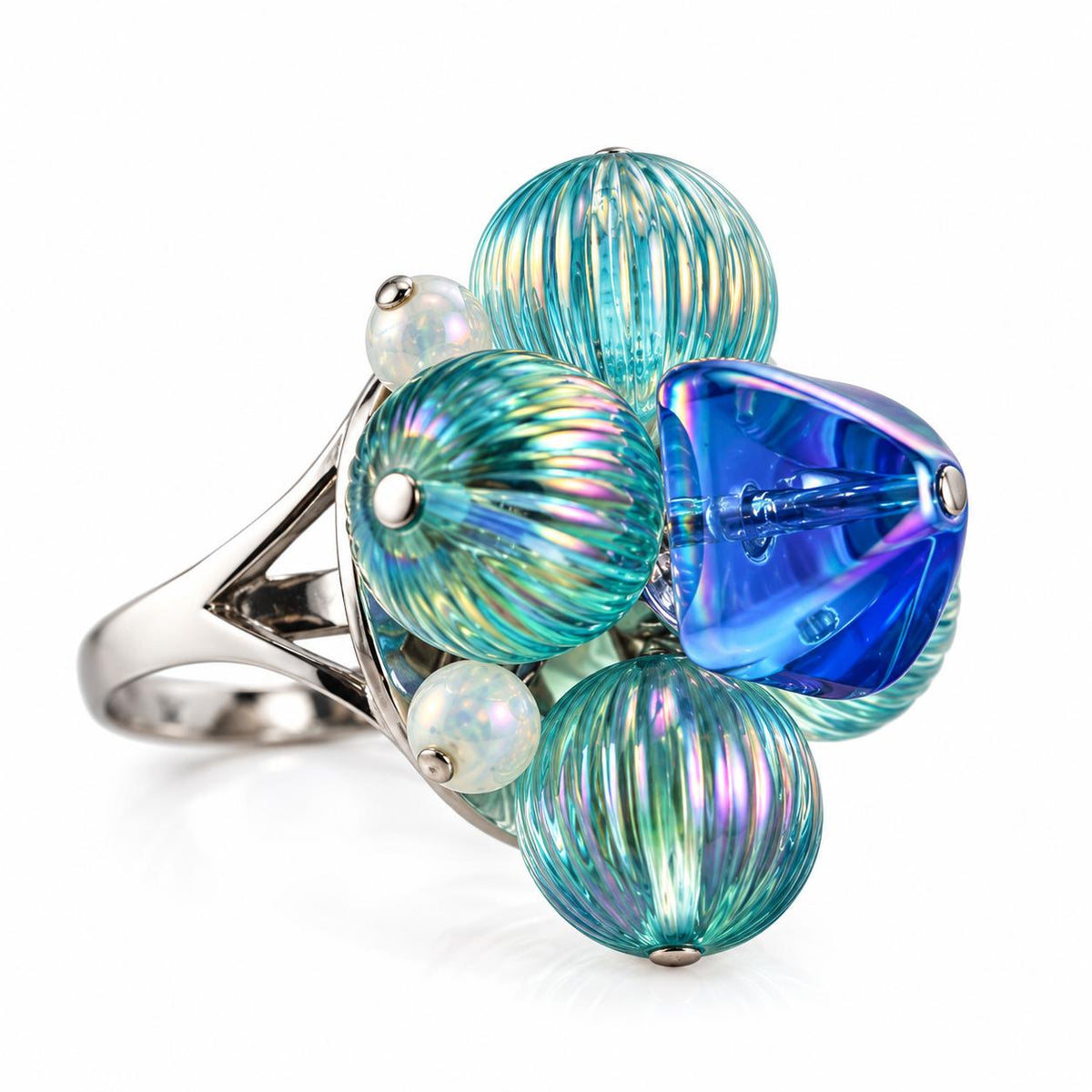 Lalique Charmante Blue Color Crystal Sterling Silver Cocktail Ring 10392700