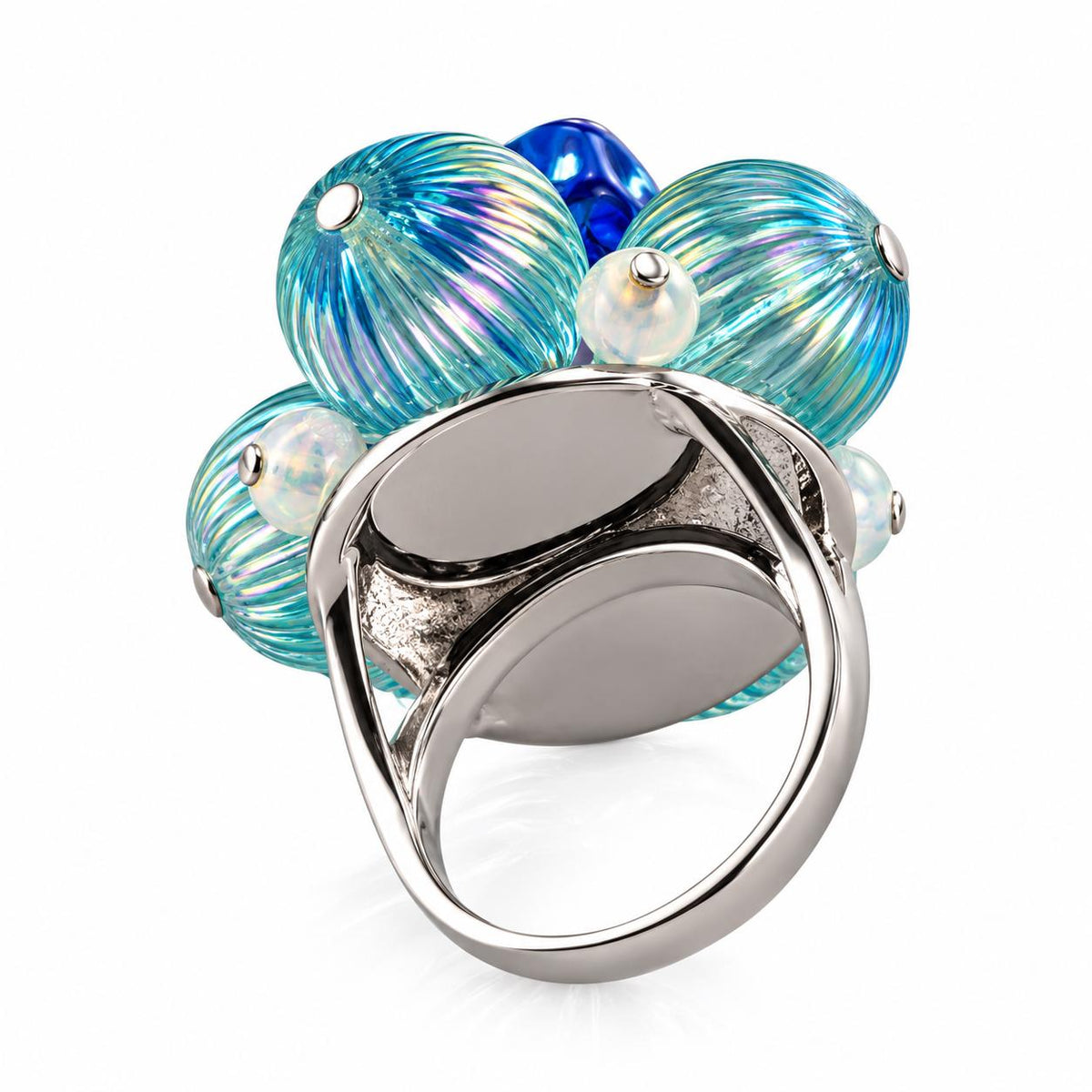 Lalique Charmante Blue Color Crystal Sterling Silver Cocktail Ring 10392700