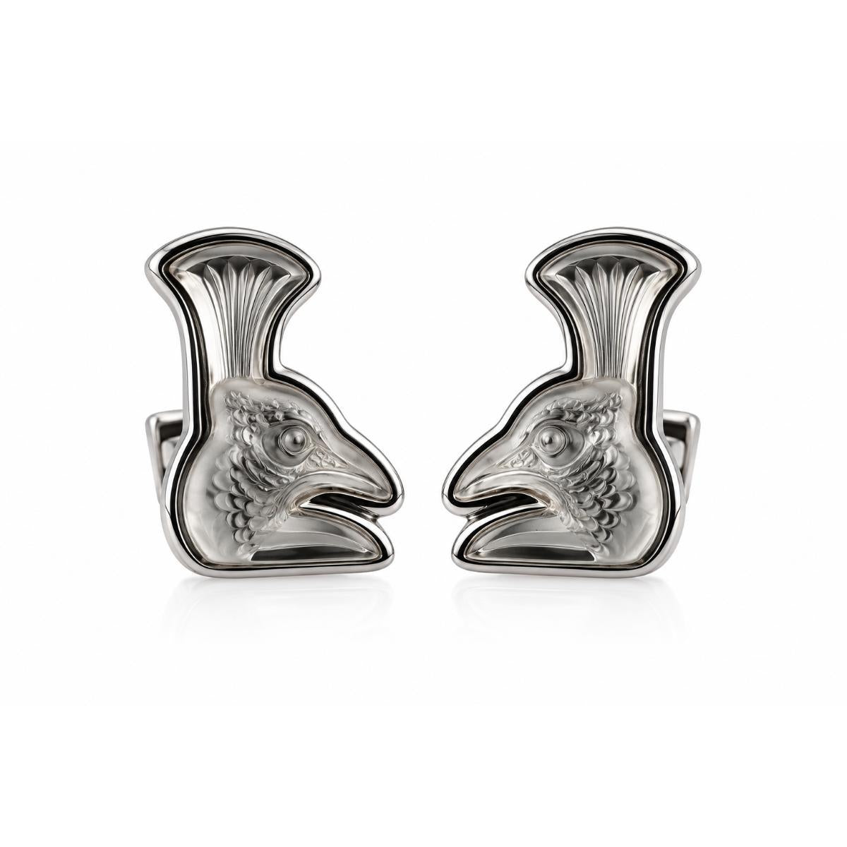 Lalique Paon Mascottes Peacock White Crystal Sterling Silver Cufflinks 10388200