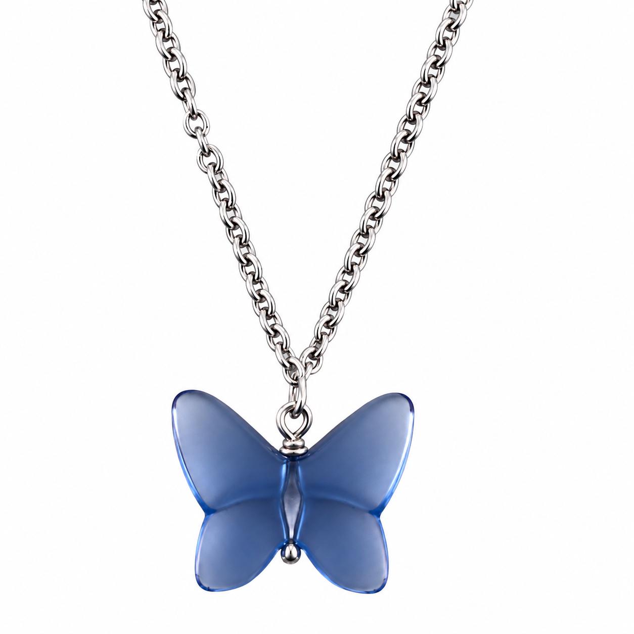 Lalique Papillon Blue Crystal Silver Butterfly Pendant Necklace 10751700