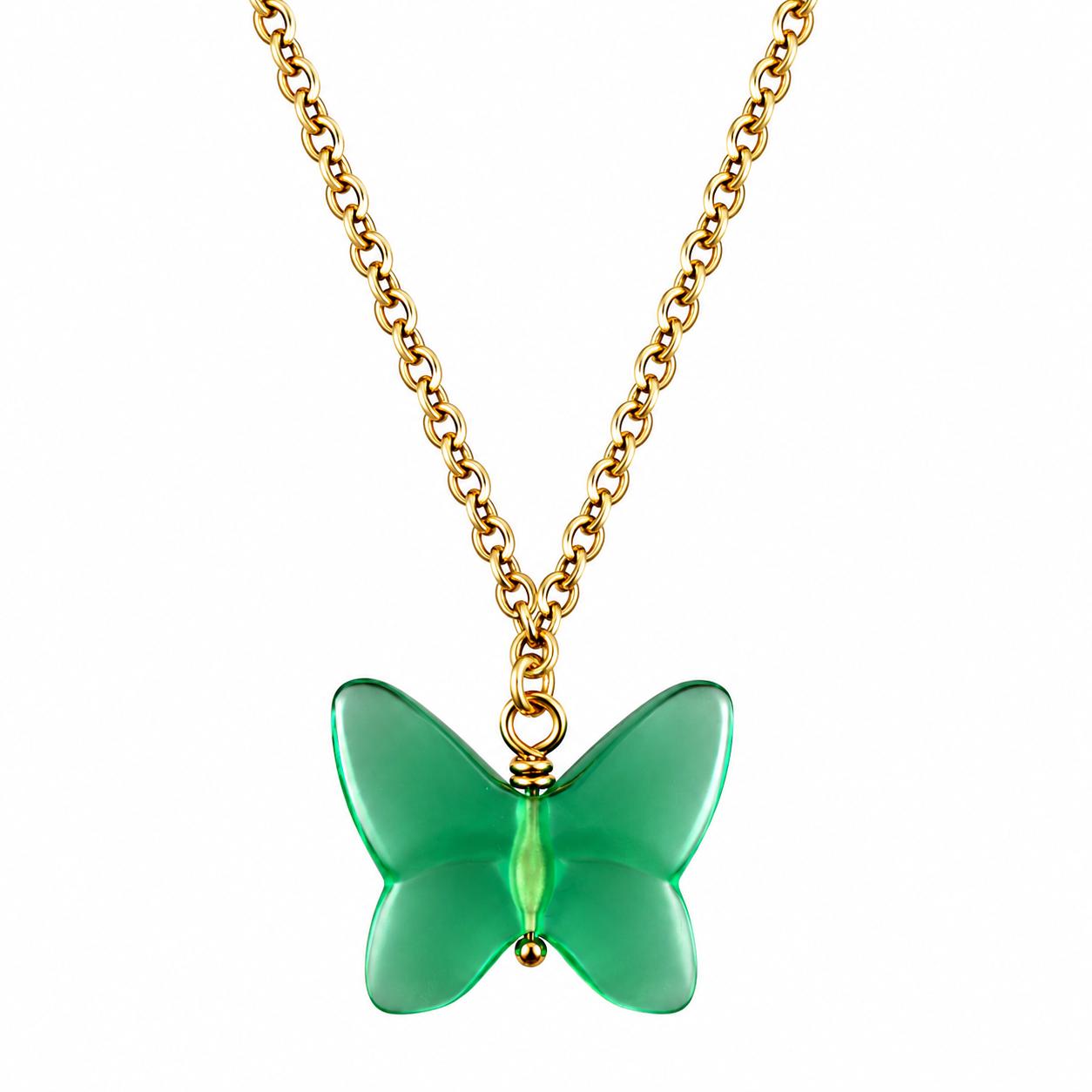 Lalique Papillon Green Crystal Gold Plated Butterfly Pendant Necklace 10755000