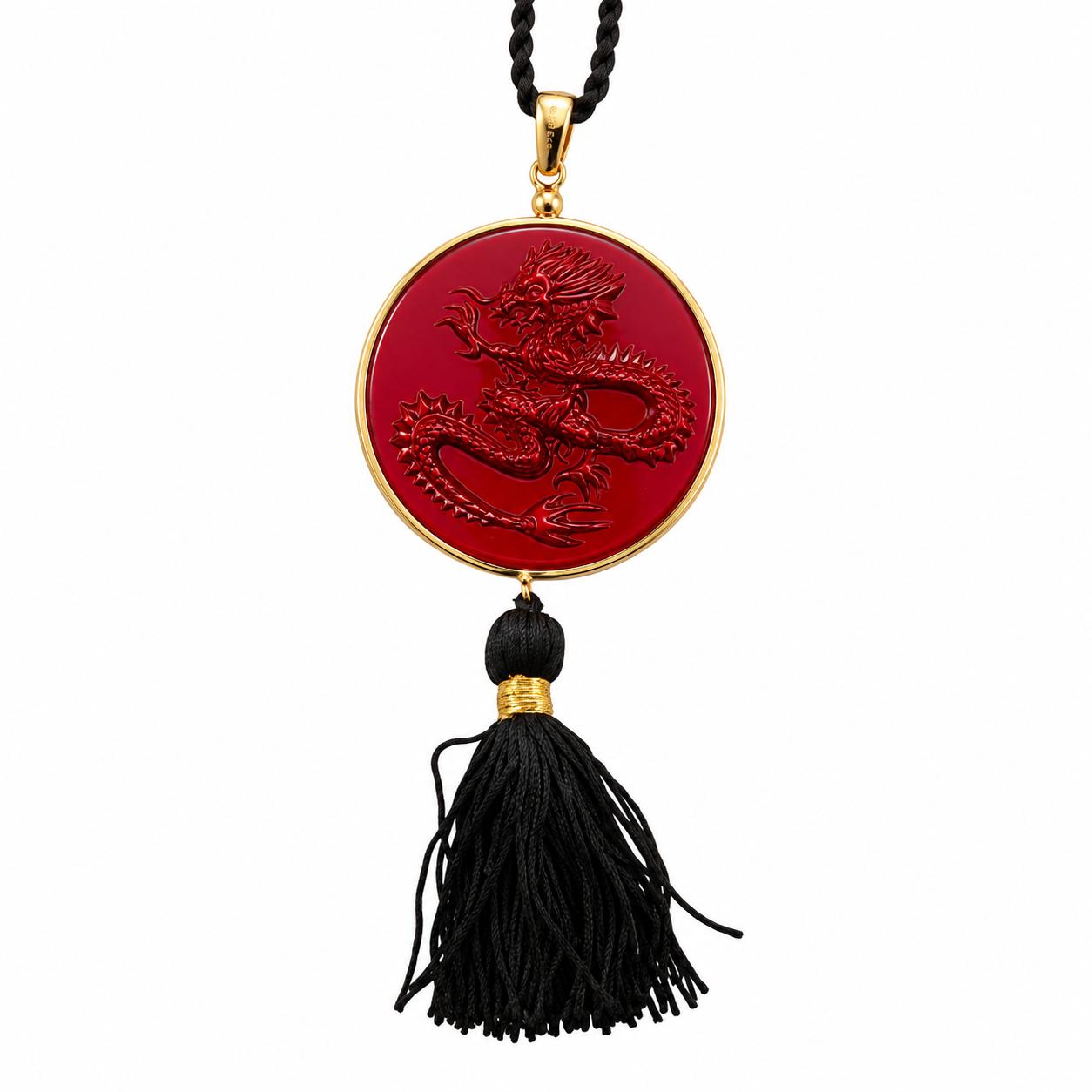 Lalique Dragon Red Crystal Gold Plated Tassel Pendant Necklace 10791400