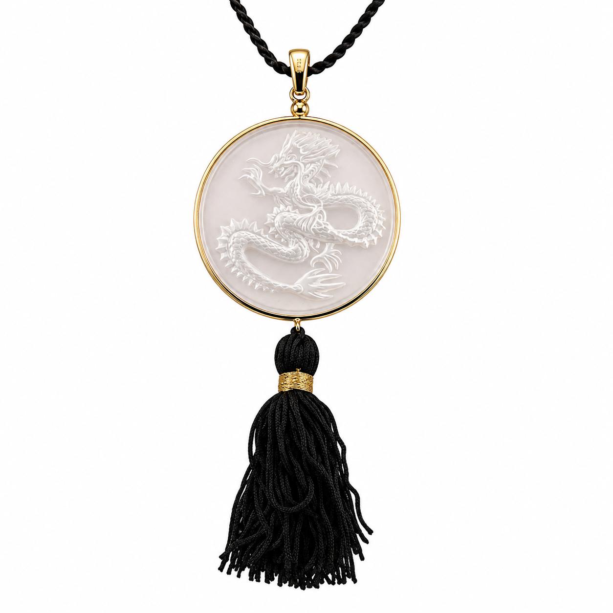 Lalique Dragon Clear Crystal Gold Plated Tassel Pendant Necklace 10791300