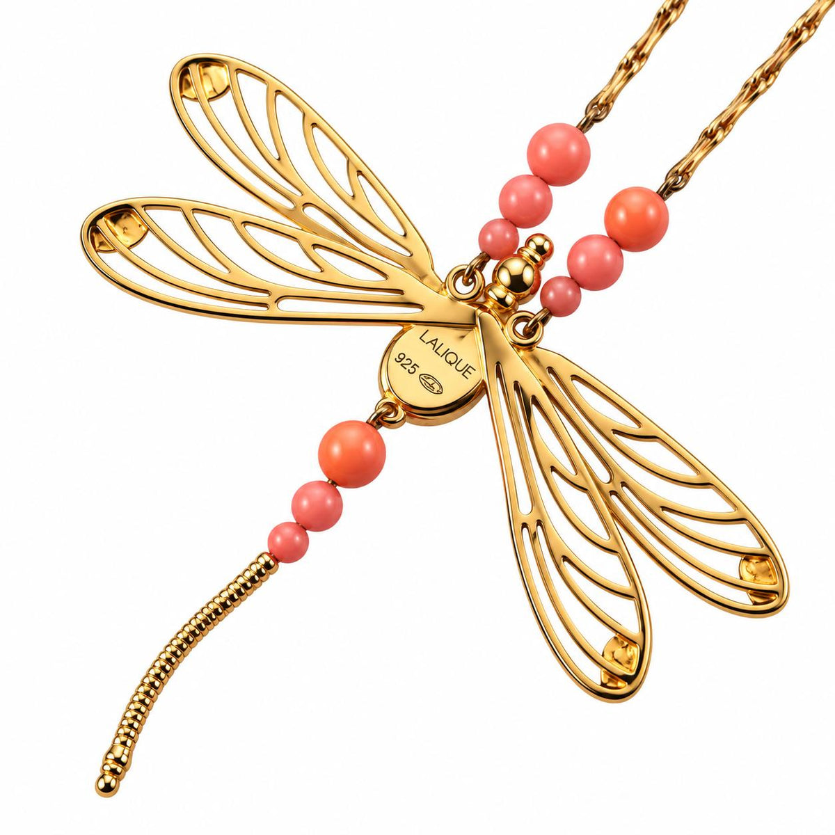Lalique Dragonfly Libellule Pink Yellow Crystal Vermeil Silver Necklace 10383600