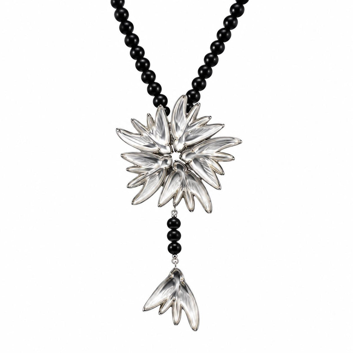 Lalique Hirondelles Swallows Crystal Onyx Sterling Pendant Necklace 10394800