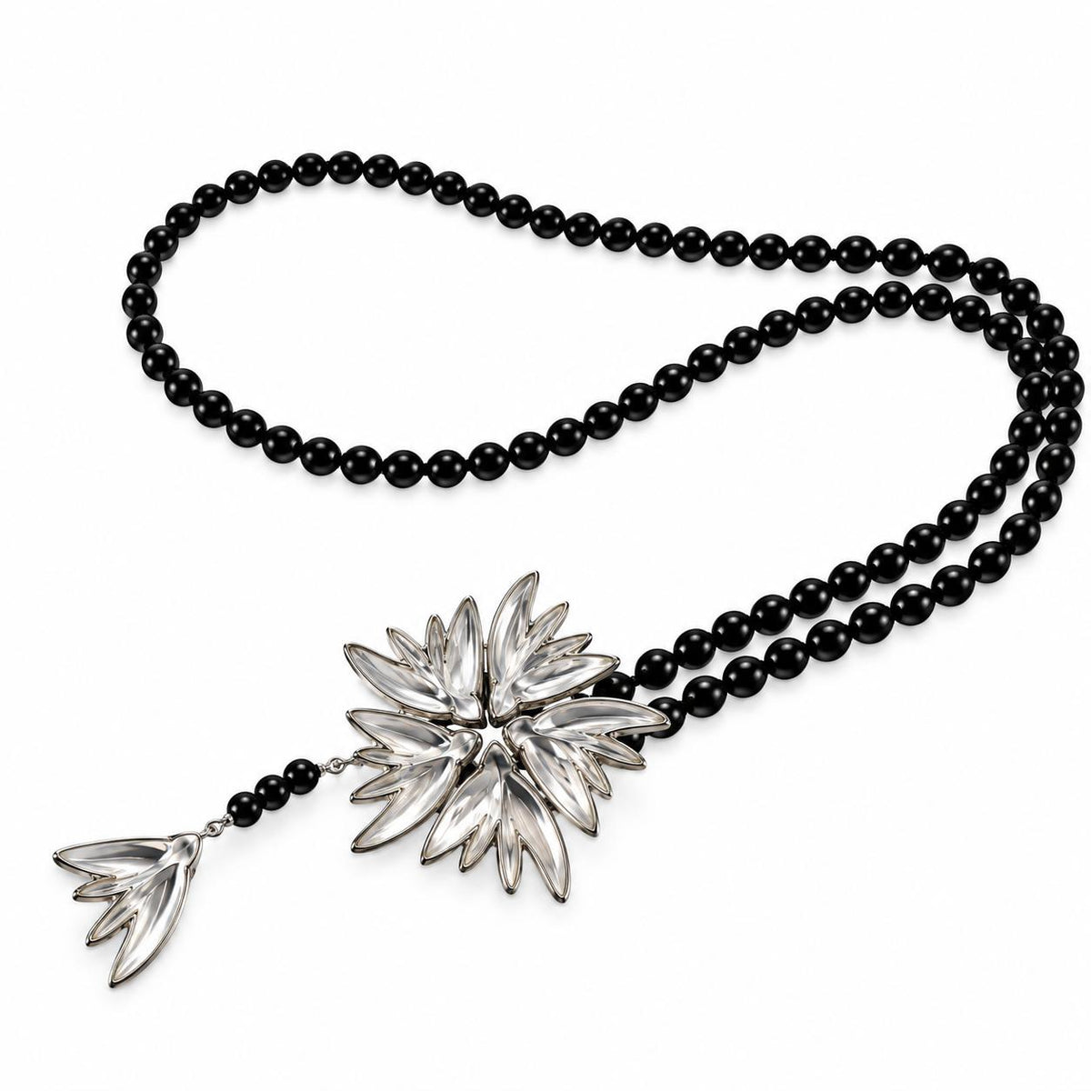 Lalique Hirondelles Swallows Crystal Onyx Sterling Pendant Necklace 10394800