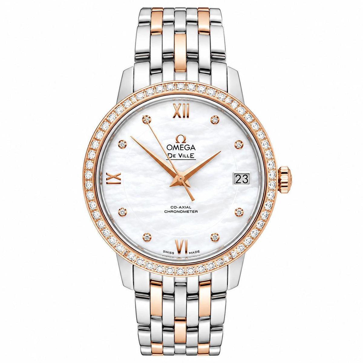 Omega Prestige De Ville Rose Gold Steel Diamond MOP Ladies Watch 42425332055002