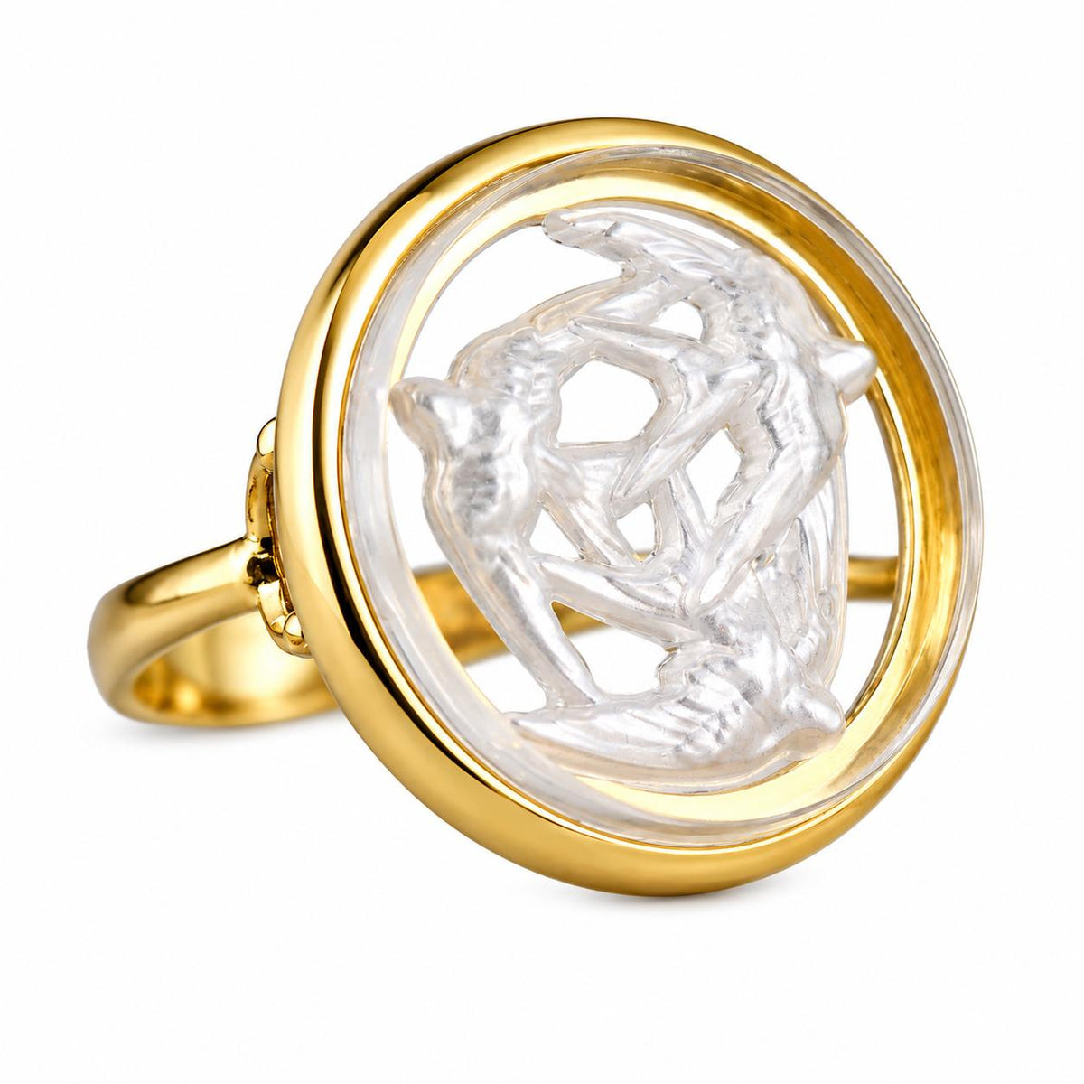 Lalique Three Hirondelles Swallows Crystal Vermeil Silver Ring 10666900