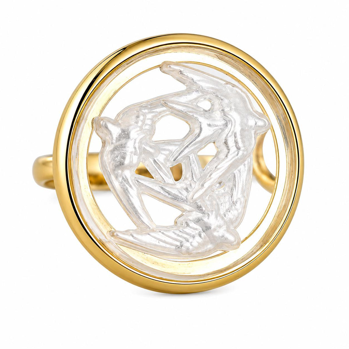 Lalique Three Hirondelles Swallows Crystal Vermeil Silver Ring 10666900