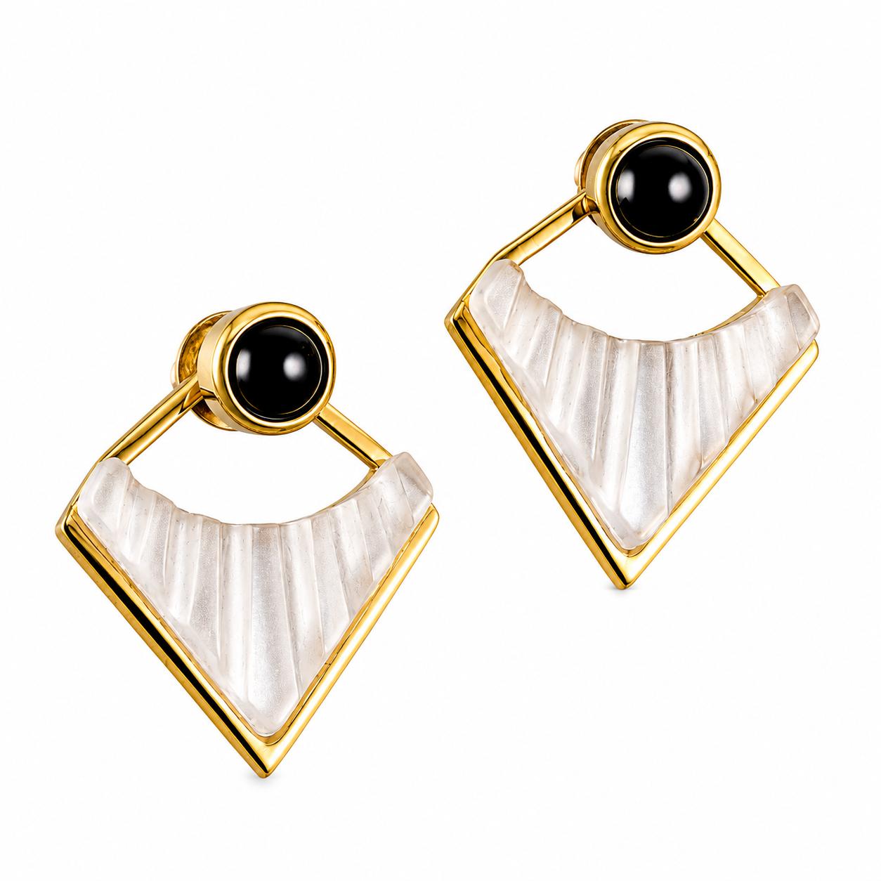 Lalique 1925 Clear Crystal Onyx Gold Plated Earrings