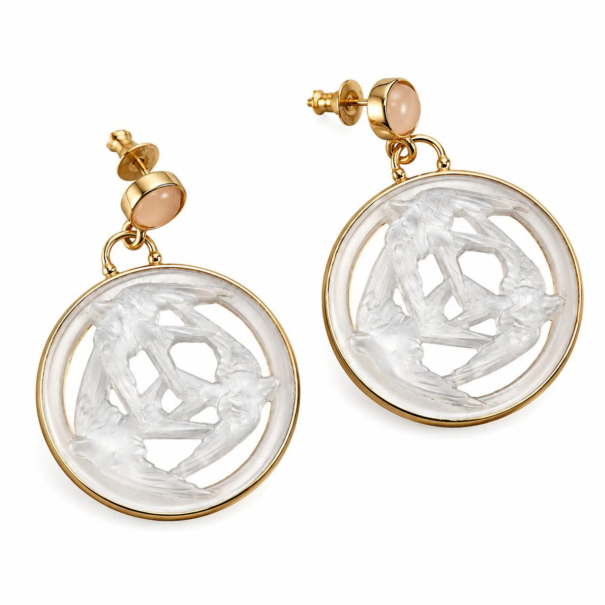 Lalique 3 Hirondelles Swallows Crystal Vermeil Silver Earrings Large 10667300