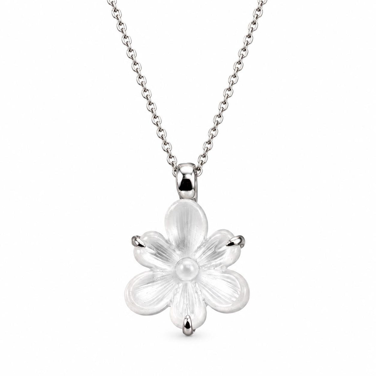 Lalique Fleur Neige Clear Crystal Sterling Silver Pendant Necklace 10610000