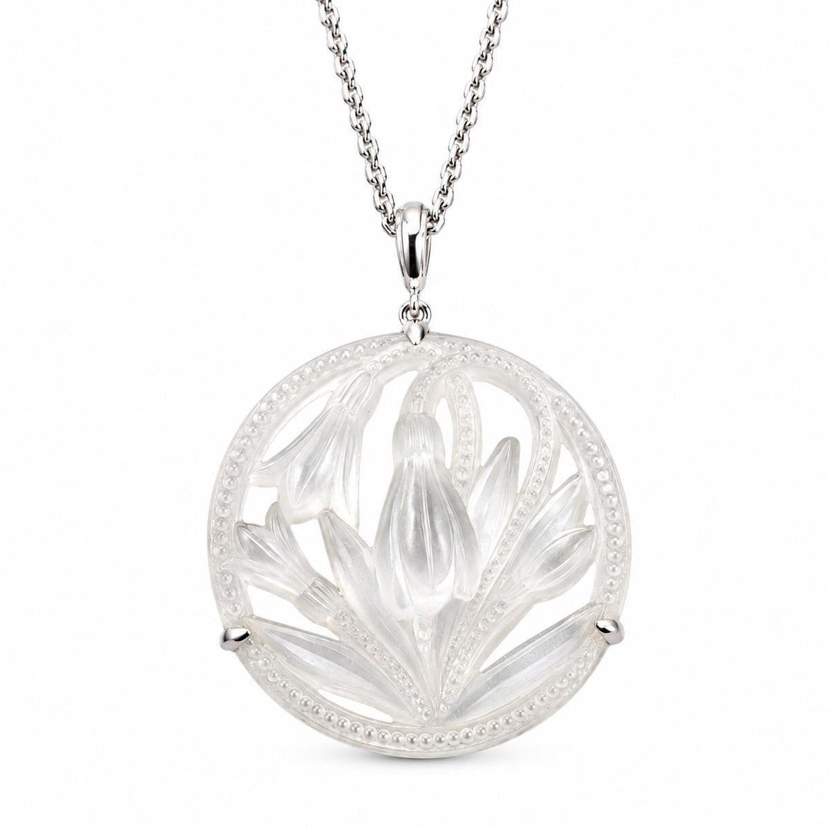 Lalique Fleur Neige Clear Crystal Sterling Silver Pendant Necklace 10609900