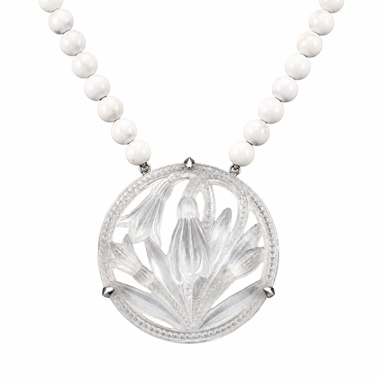 Lalique Fleur Neige Clear Crystal White Agate Silver Necklace 10609800
