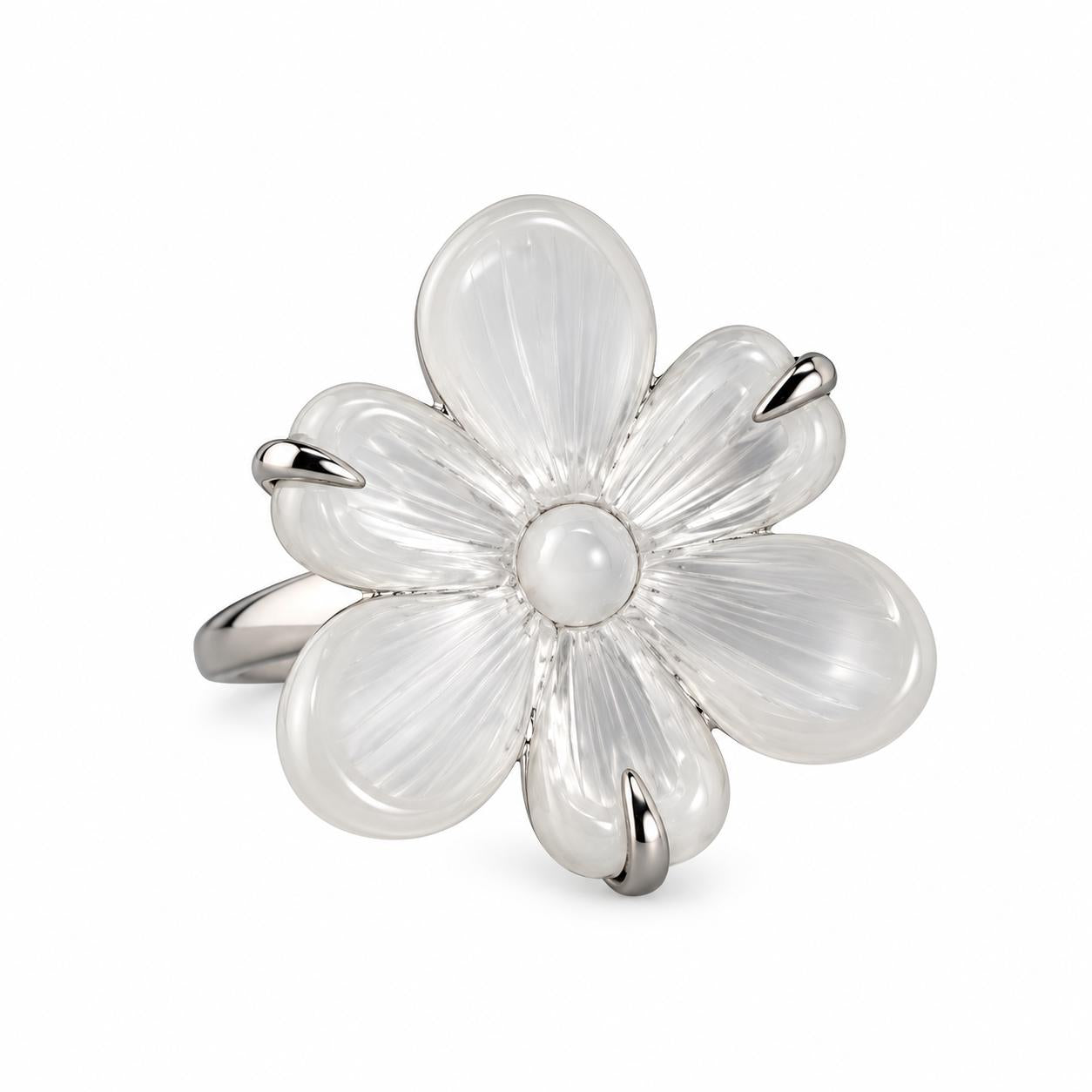 Lalique Fleur Neiges Clear Crystal Flower Sterling Silver Ring 10610300