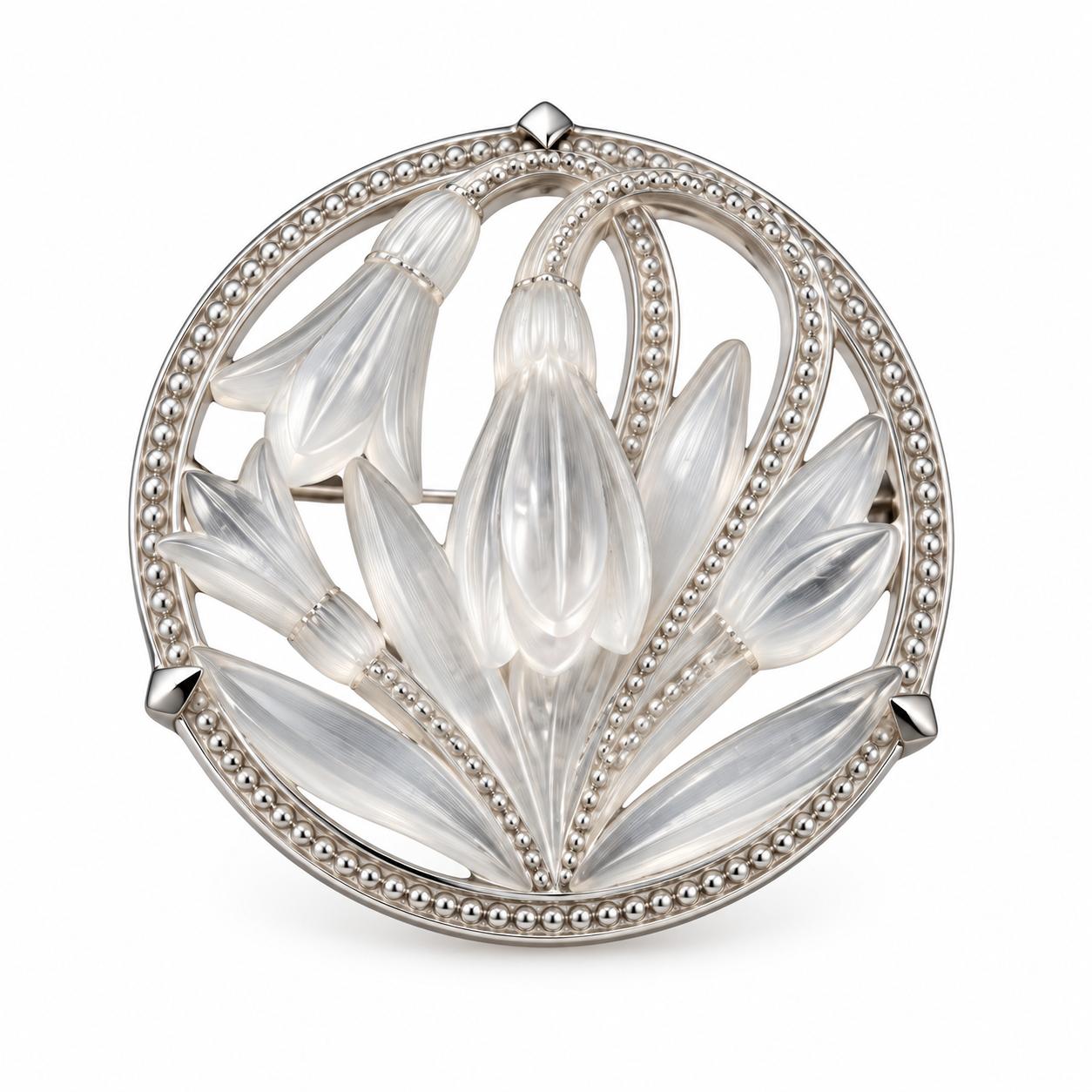 Lalique Fleur Neiges Clear Crystal Flower Sterling Silver Brooch 10610100