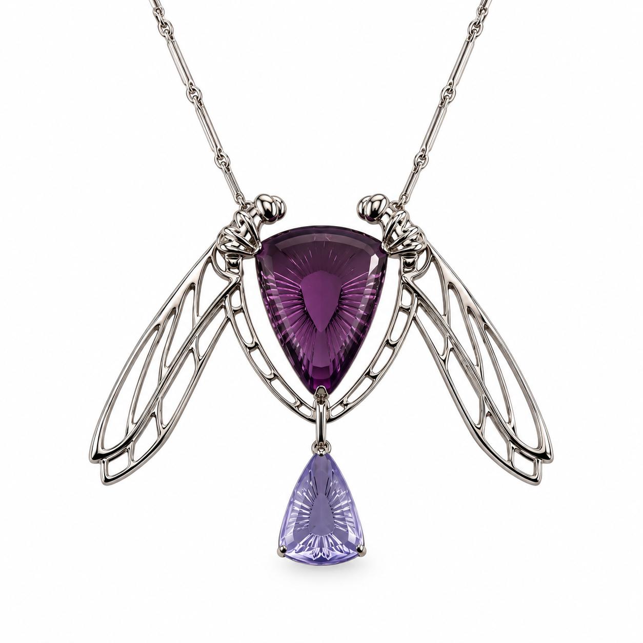 Lalique Ice Light Purple Crystal Dragonfly Sterling Silver Necklace 10047100