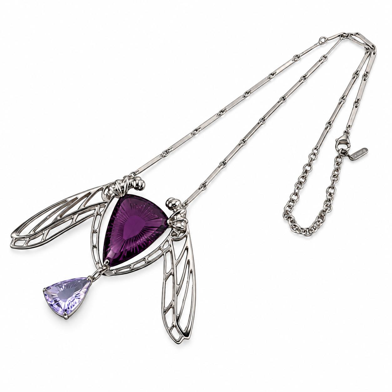 Lalique Ice Light Purple Crystal Dragonfly Sterling Silver Necklace 10047100