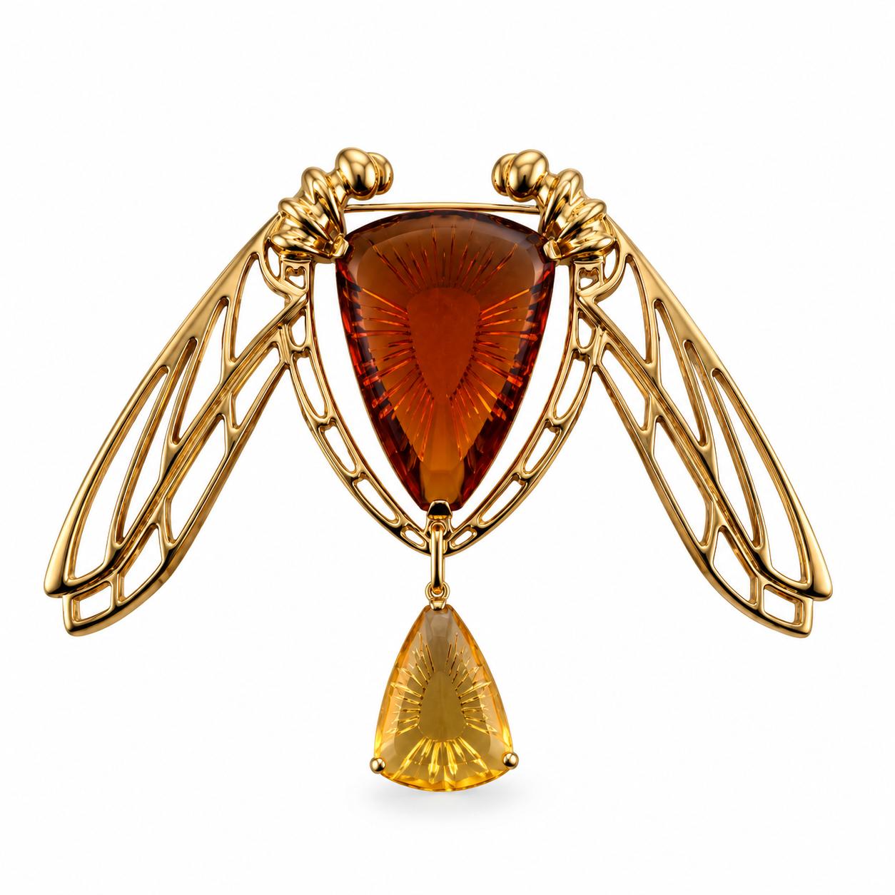 Lalique Ice Light Orange Crystal Gold Plated Silver Dragonfly Brooch 10046900