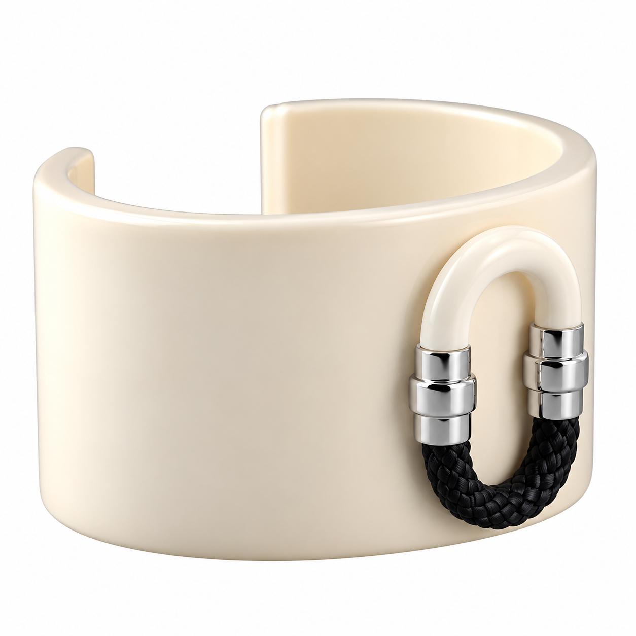Lalique 1927 Black Crystal Resin Silver Plated Wide Cuff Bracelet Large 10652200