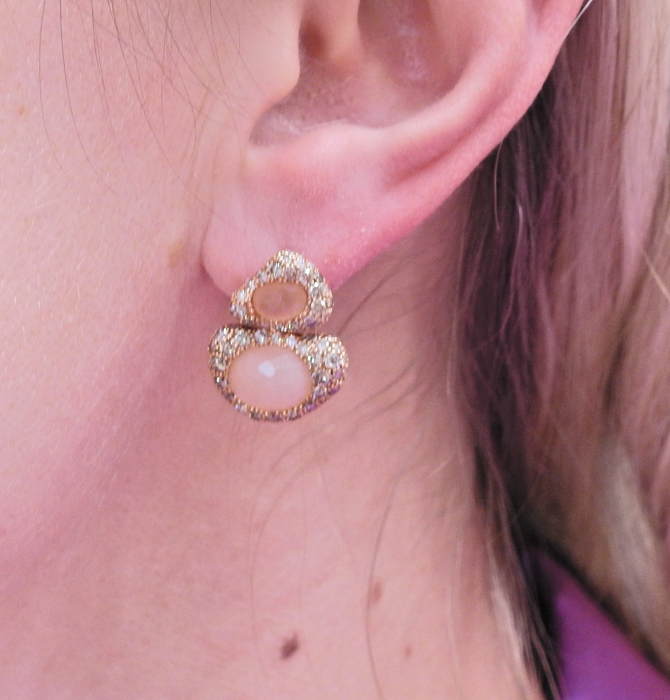 Bucherer Gold Peach Moonstone Diamond Earrings
