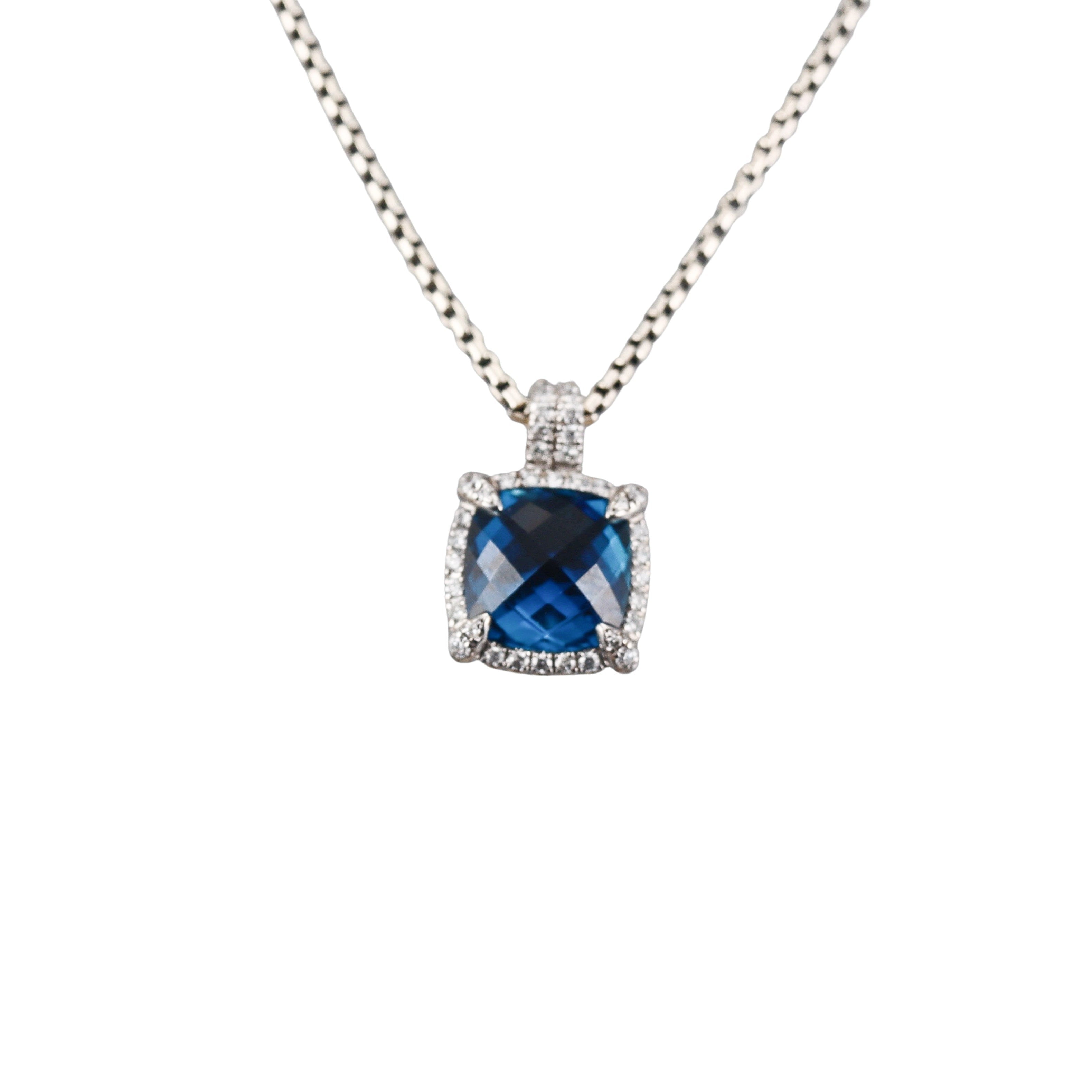 David Yurman Chatelaine Sterling Blue Topaz Diamond Pendant Necklace