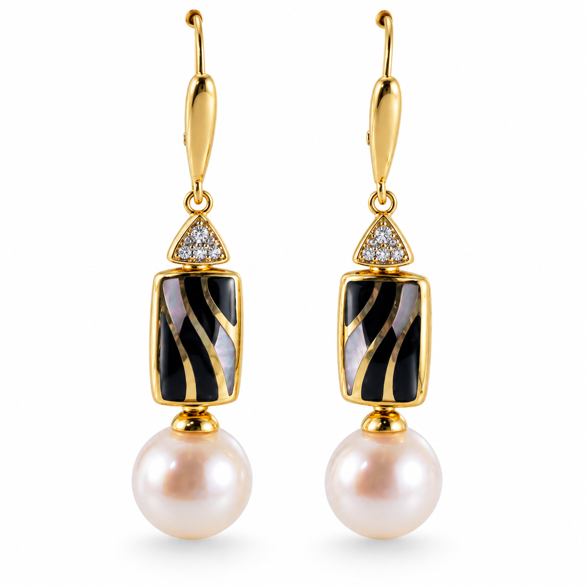 Asch Grossbardt Inlay Mother of Pearl Onyx Diamond Pearl Gold Earrings