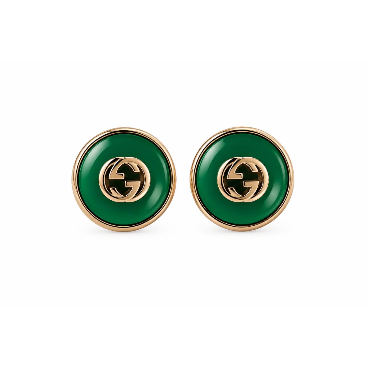 Gucci Interlocking G 18K Gold Green Agate Stud Earrings