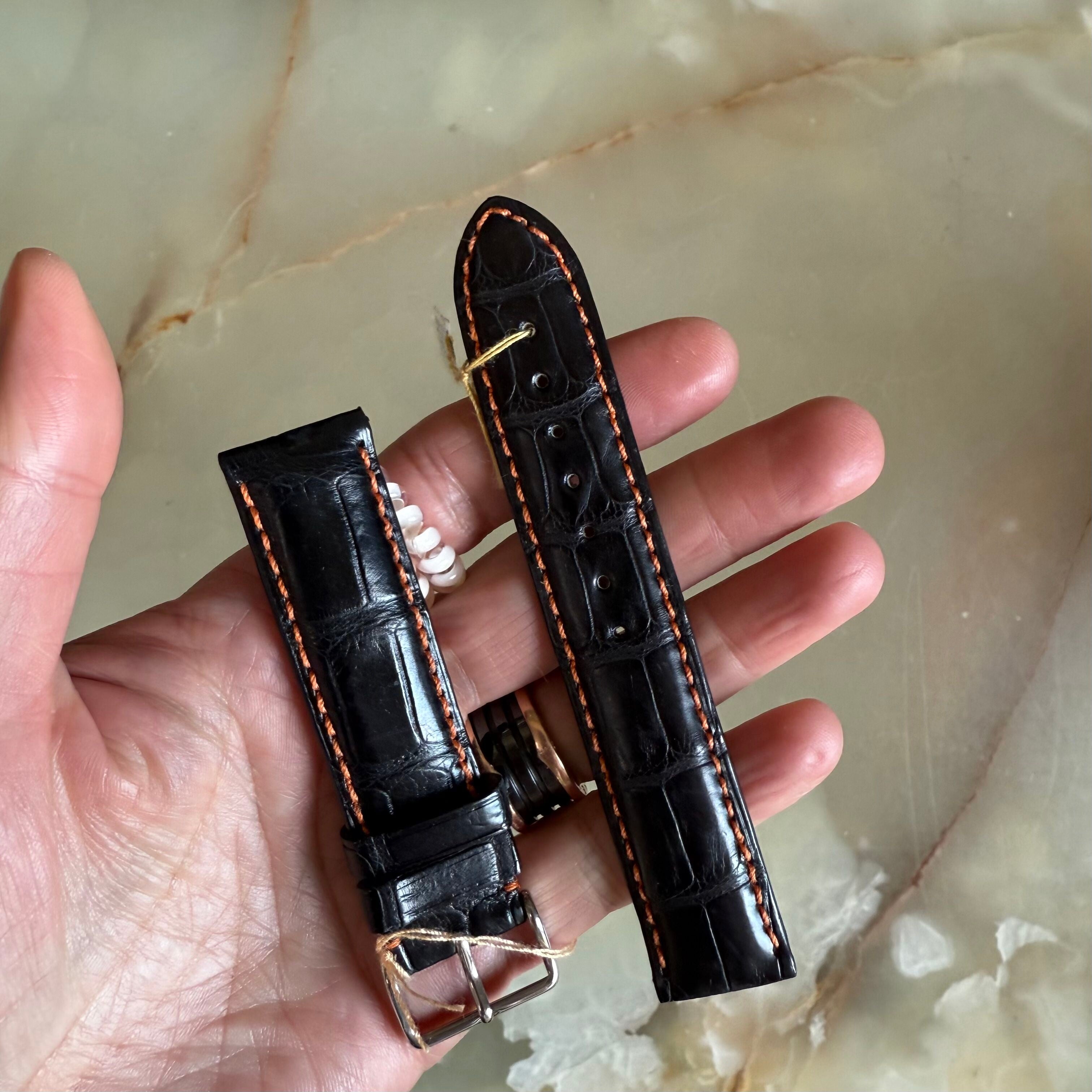 Genuine Alligator Black Watch Strap Band 20mm Padded & Stitched with Buckle