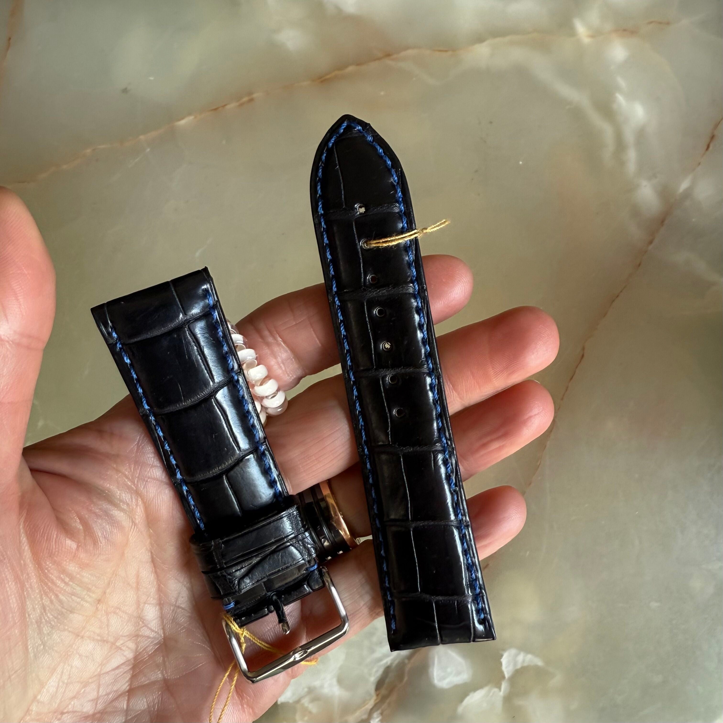 Genuine Alligator Black Watch Strap Band 24mm Padded & Stitched with Buckle