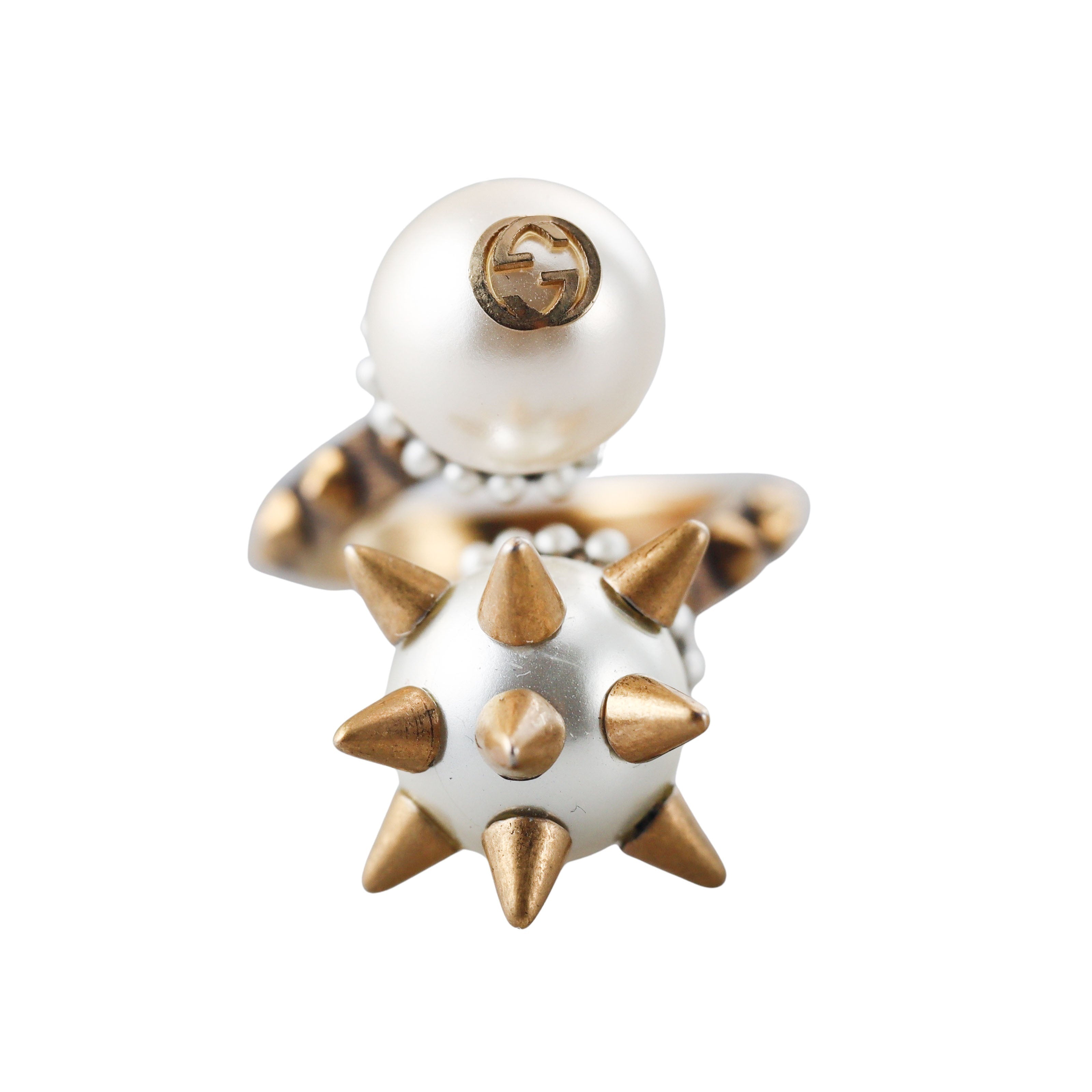 Gucci Bronzetone Faux Pearl Spiked Cocktail Ring