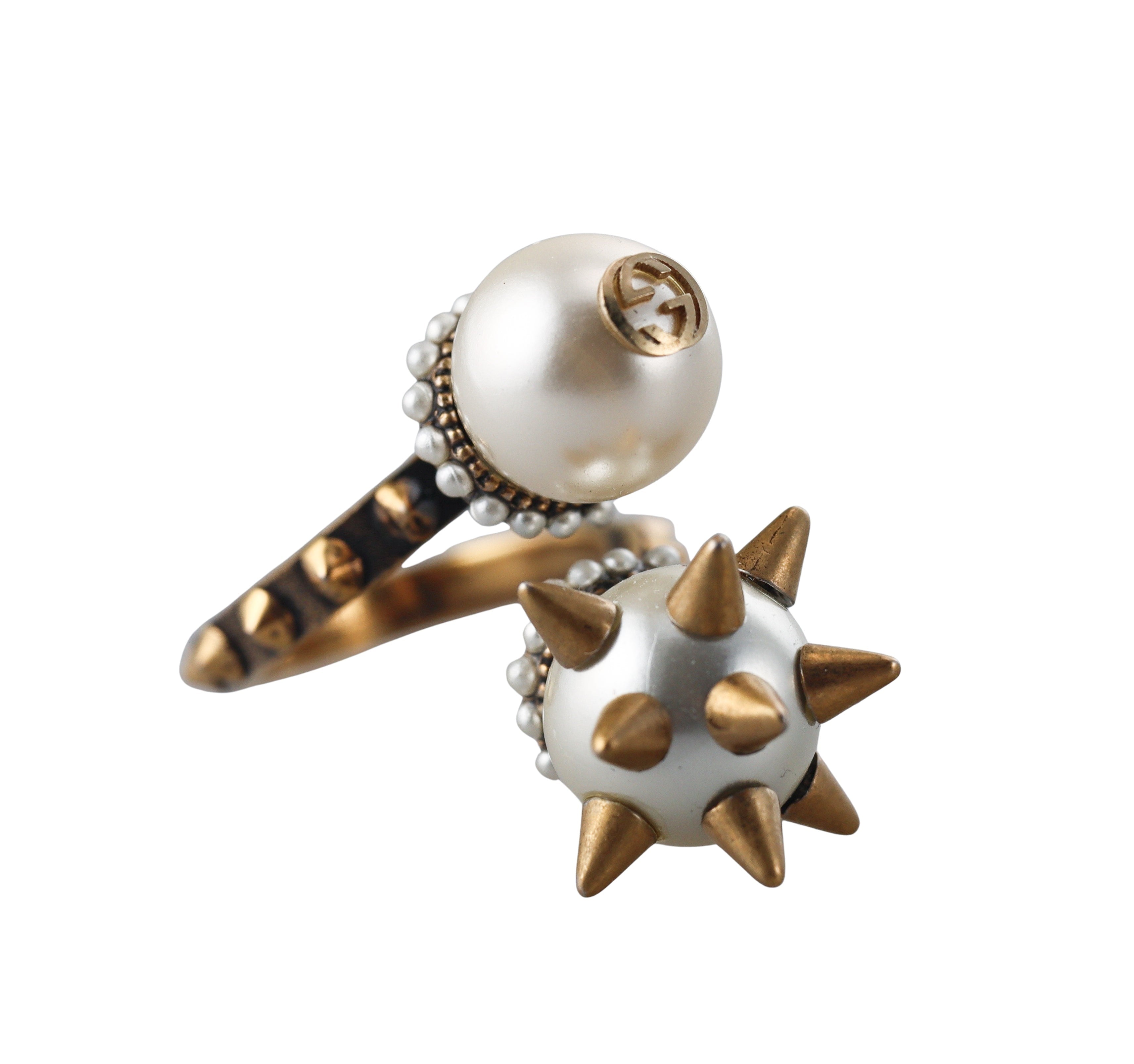 Gucci Bronzetone Faux Pearl Spiked Cocktail Ring
