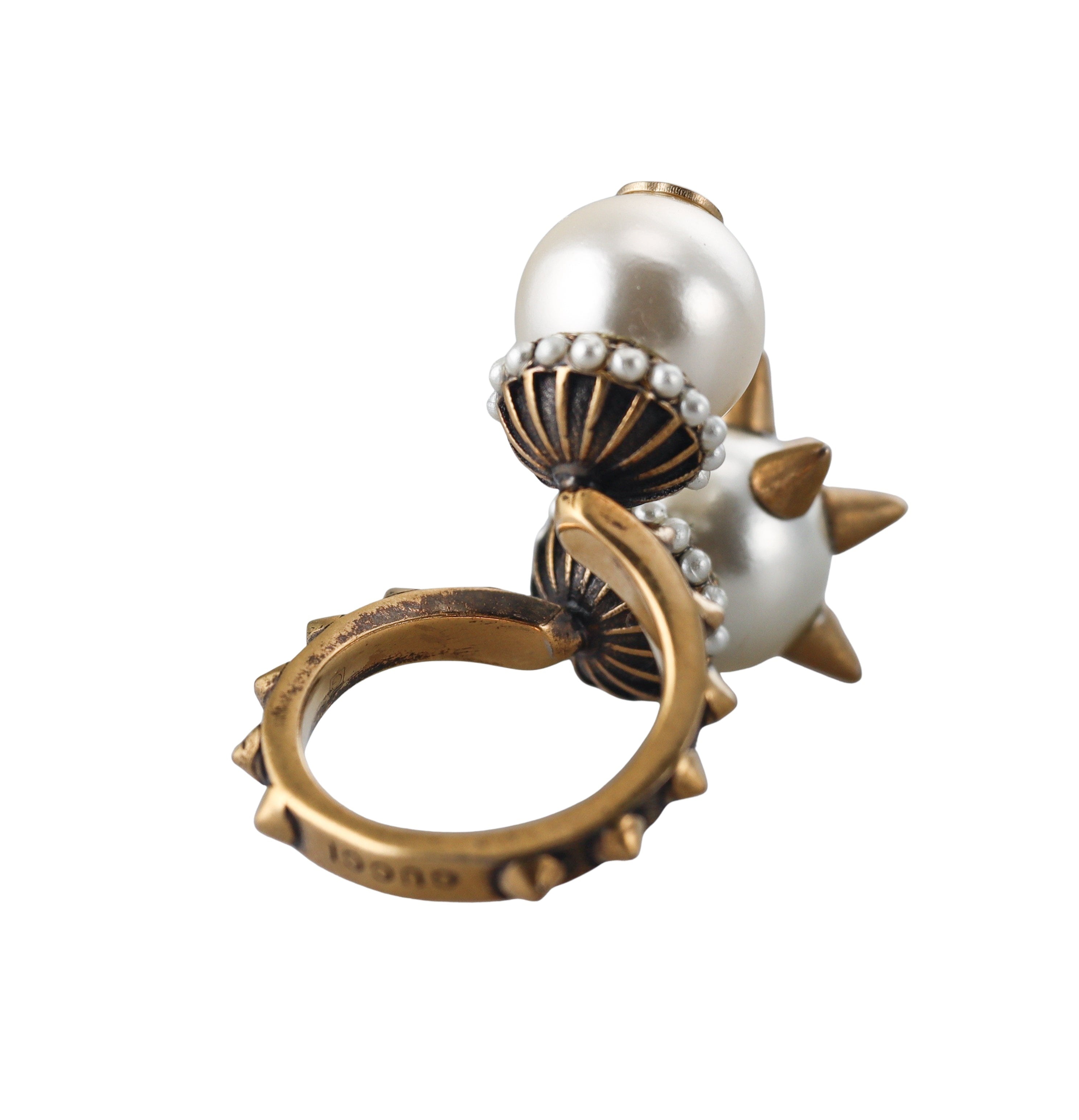 Gucci Bronzetone Faux Pearl Spiked Cocktail Ring