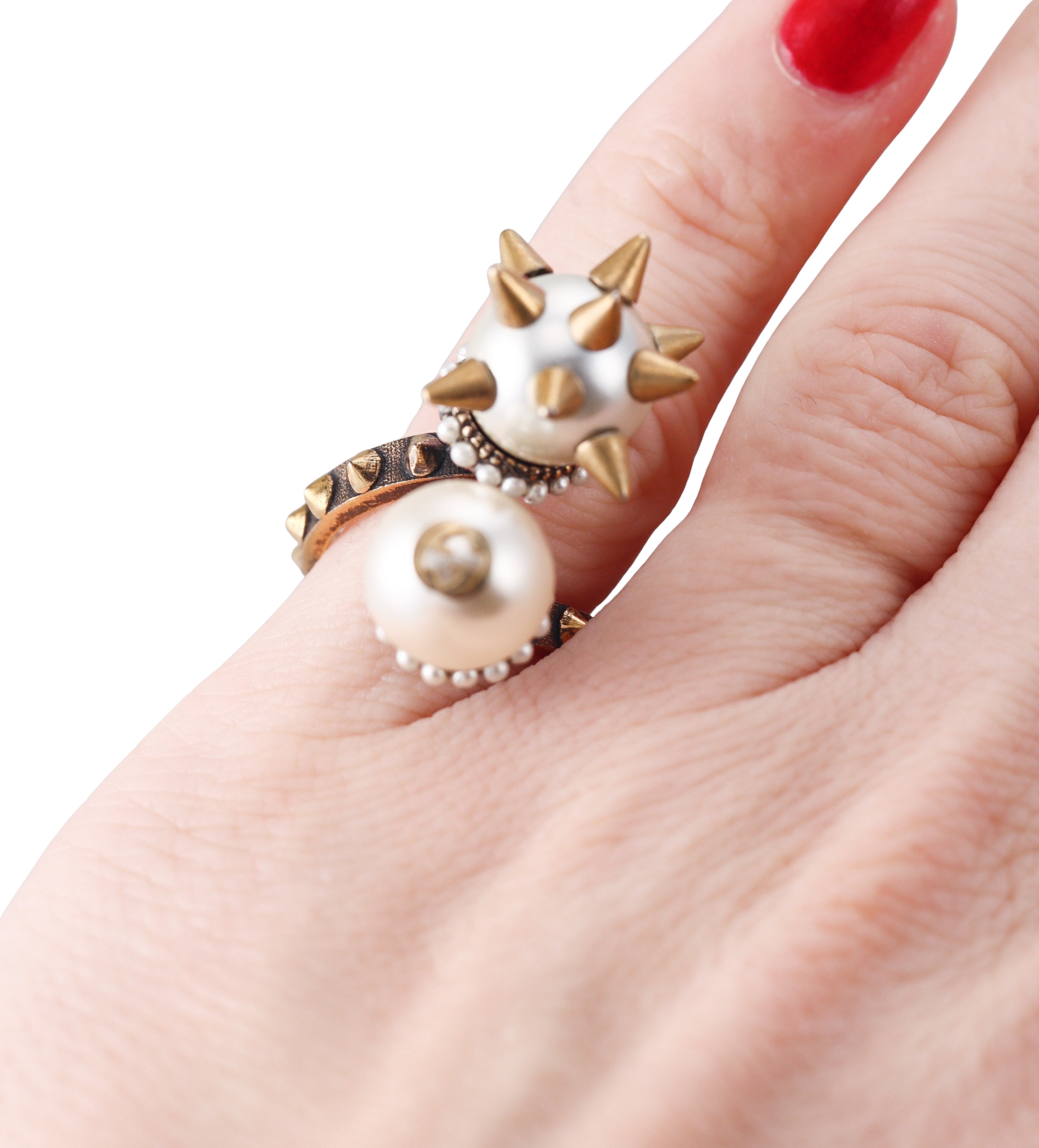 Gucci Bronzetone Faux Pearl Spiked Cocktail Ring