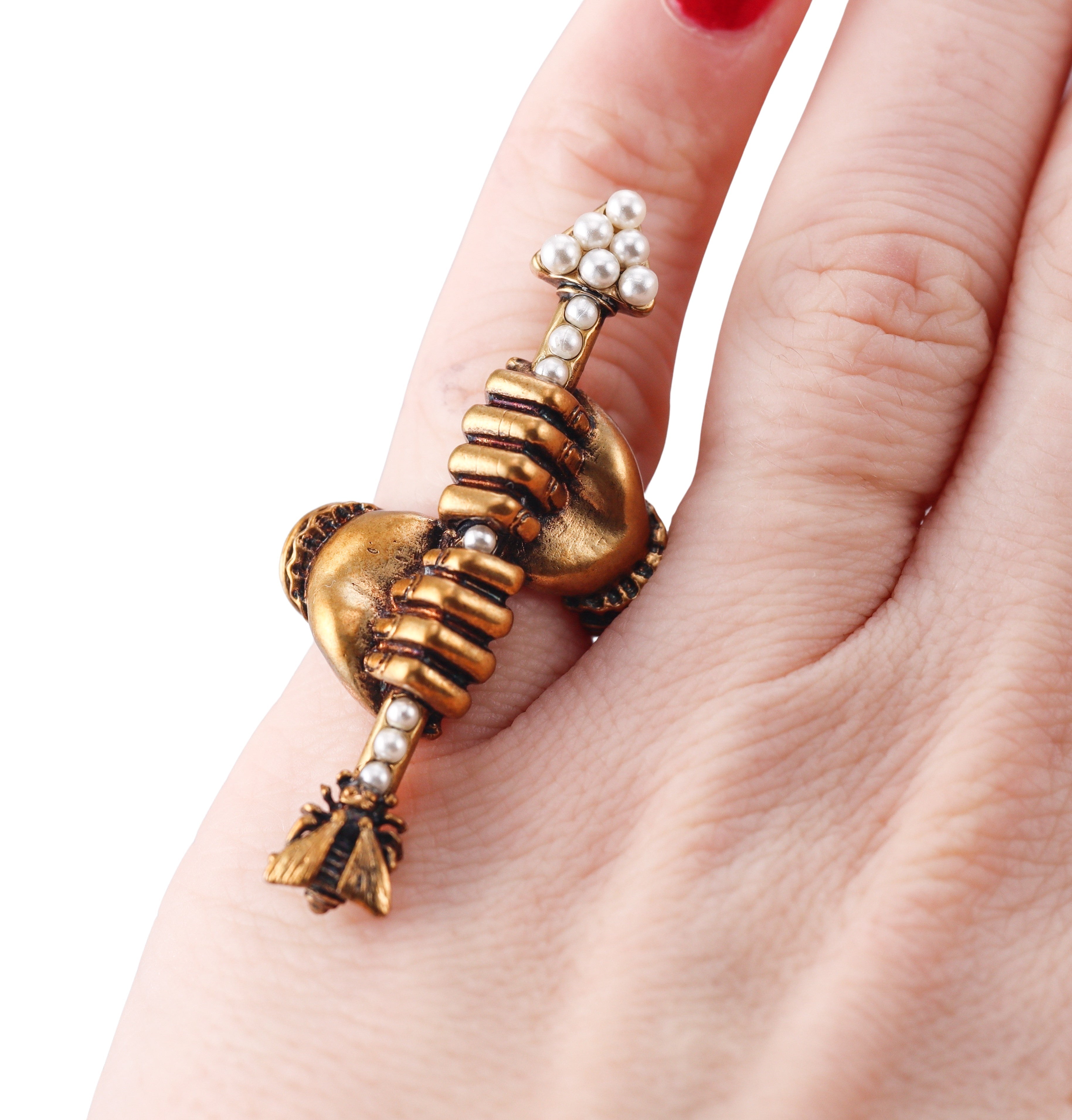 Gucci Bronzetone Pearl Hands & Arrow Wrap Ring