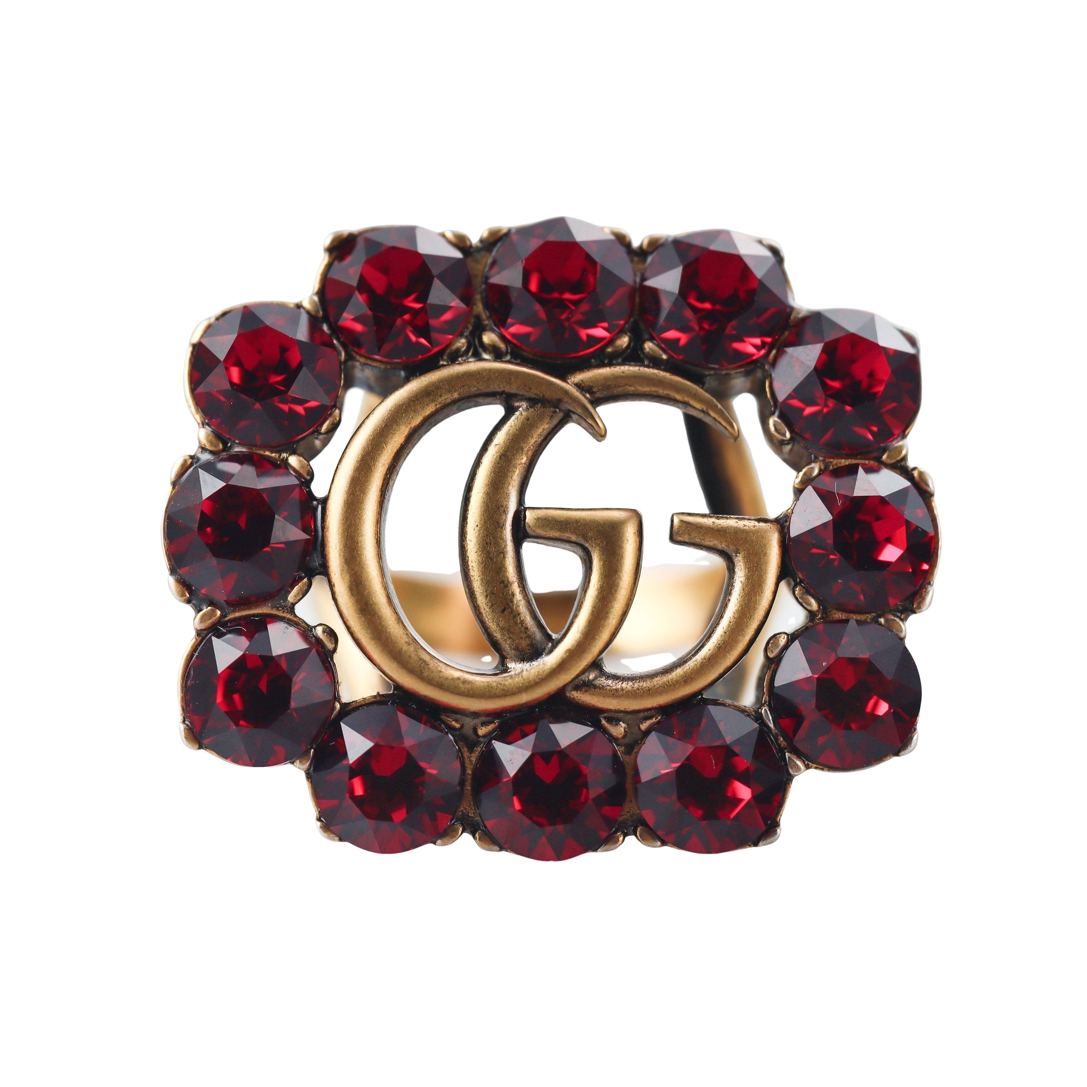 Gucci Bronzetone Red Crystal GG Icon Cocktail Ring