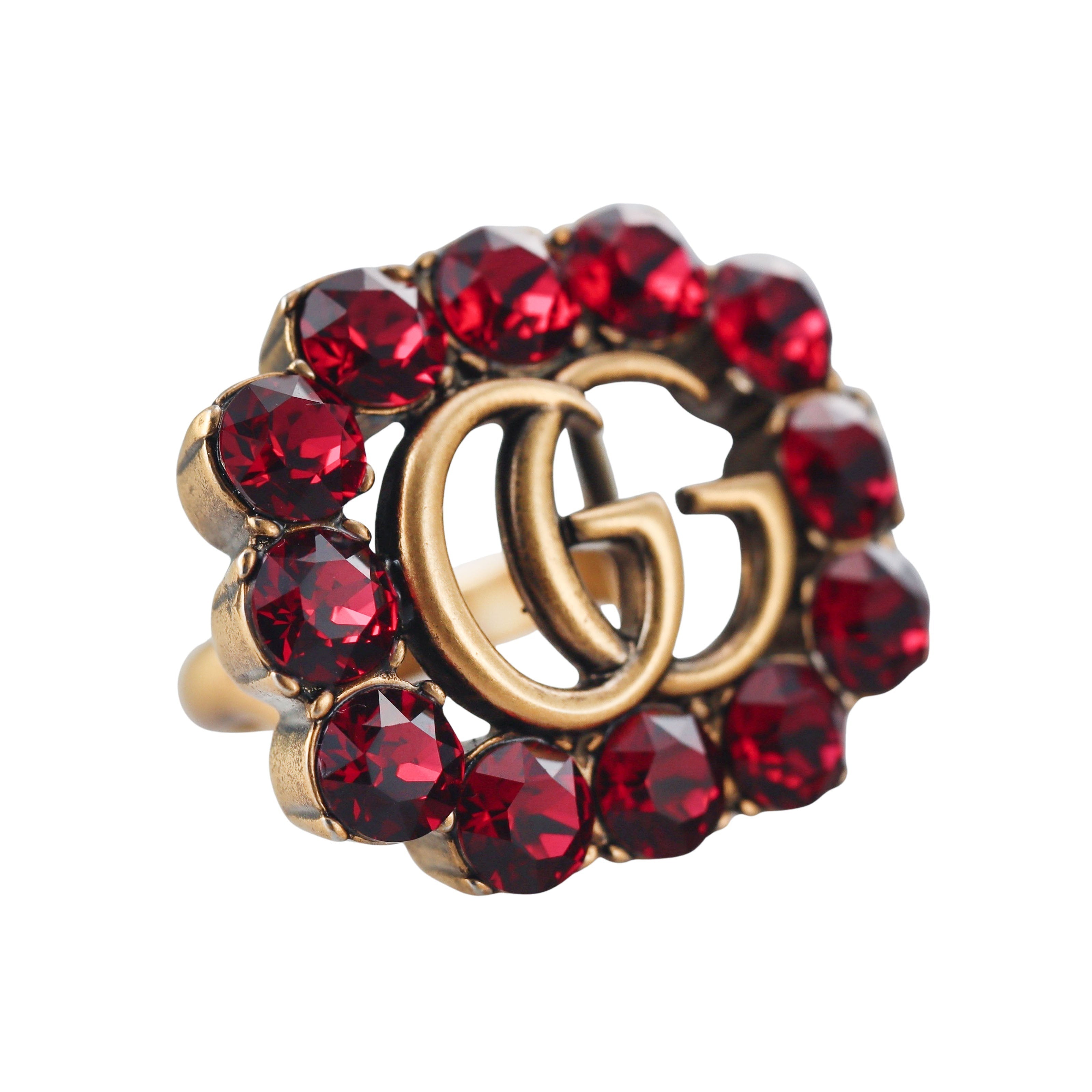 Gucci Bronzetone Red Crystal GG Icon Cocktail Ring