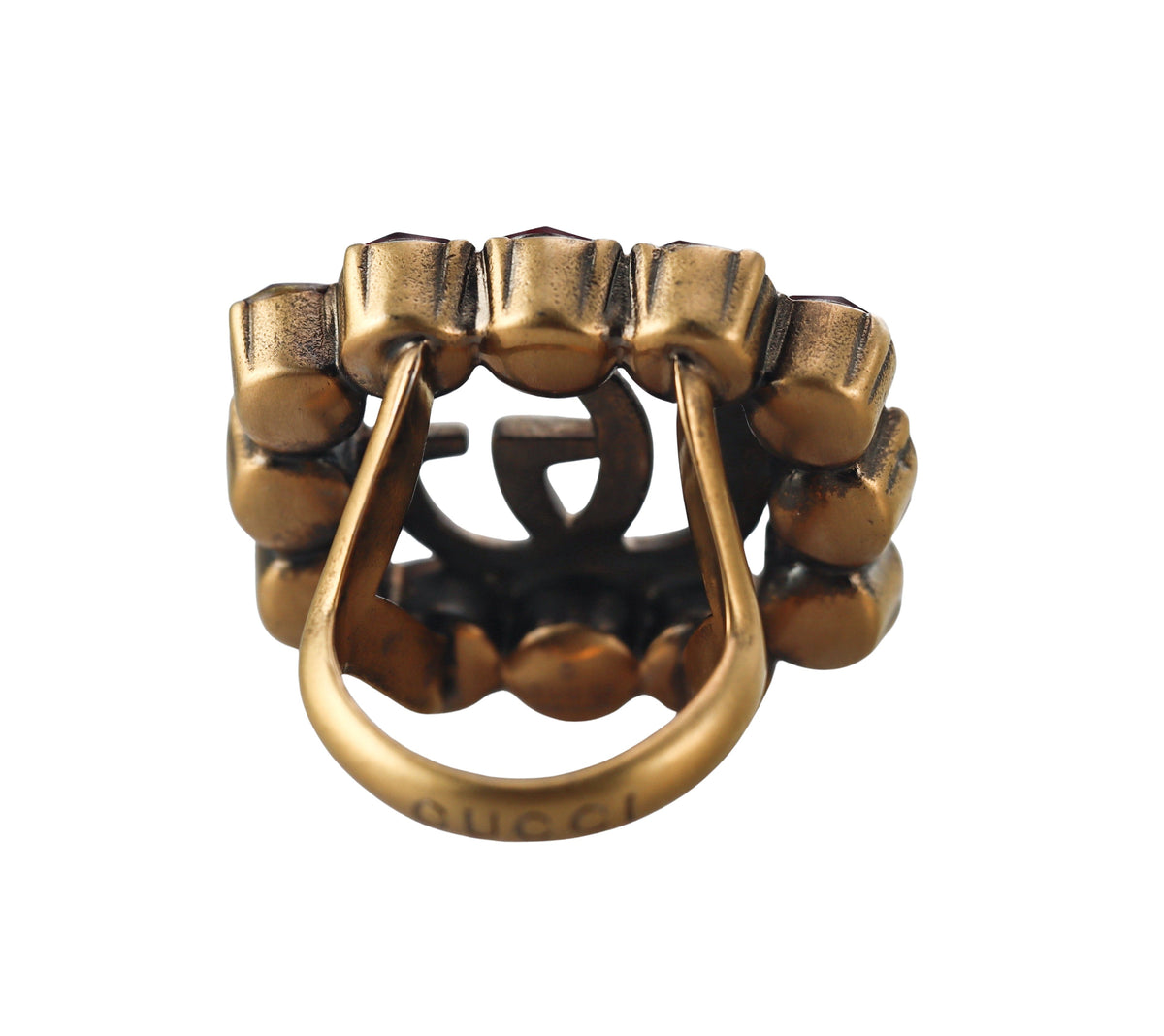 Gucci Bronzetone Red Crystal GG Icon Cocktail Ring