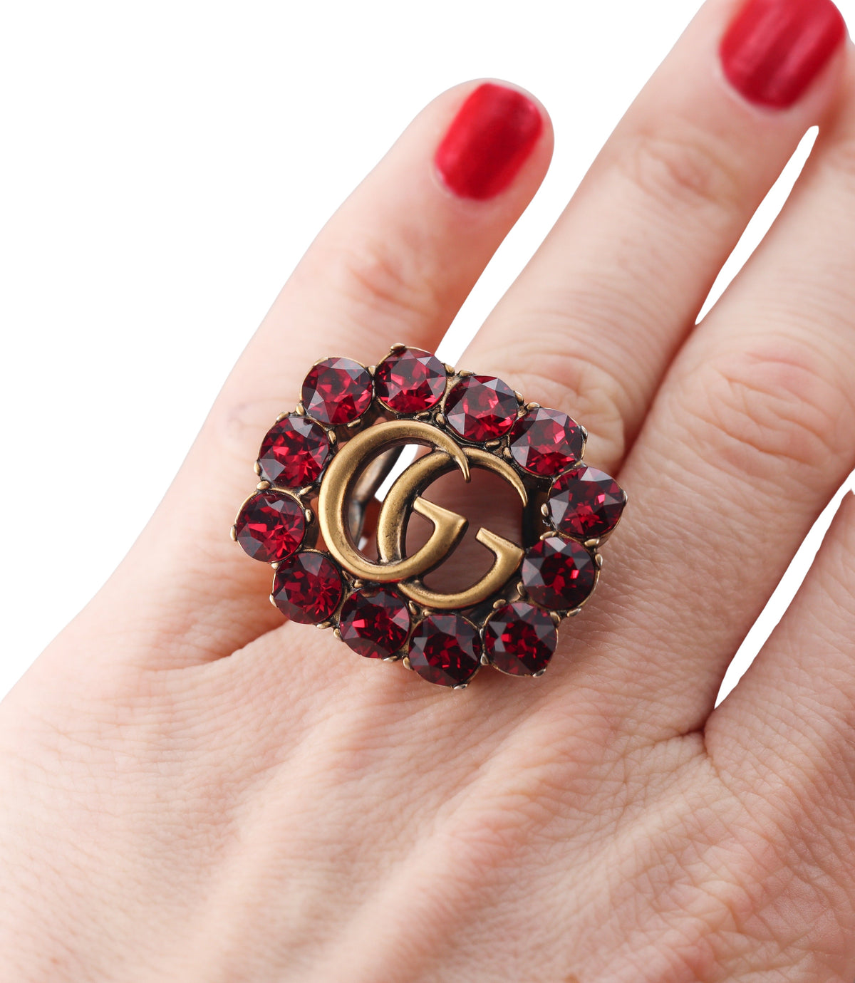 Gucci Bronzetone Red Crystal GG Icon Cocktail Ring