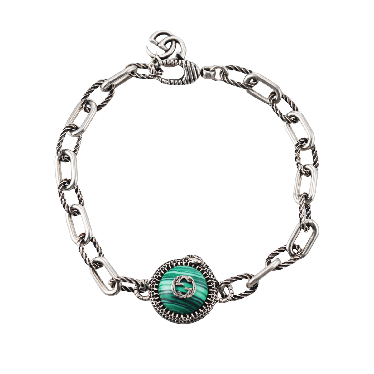Gucci Sterling Silver Malachite Icon GG Snake Bracelet