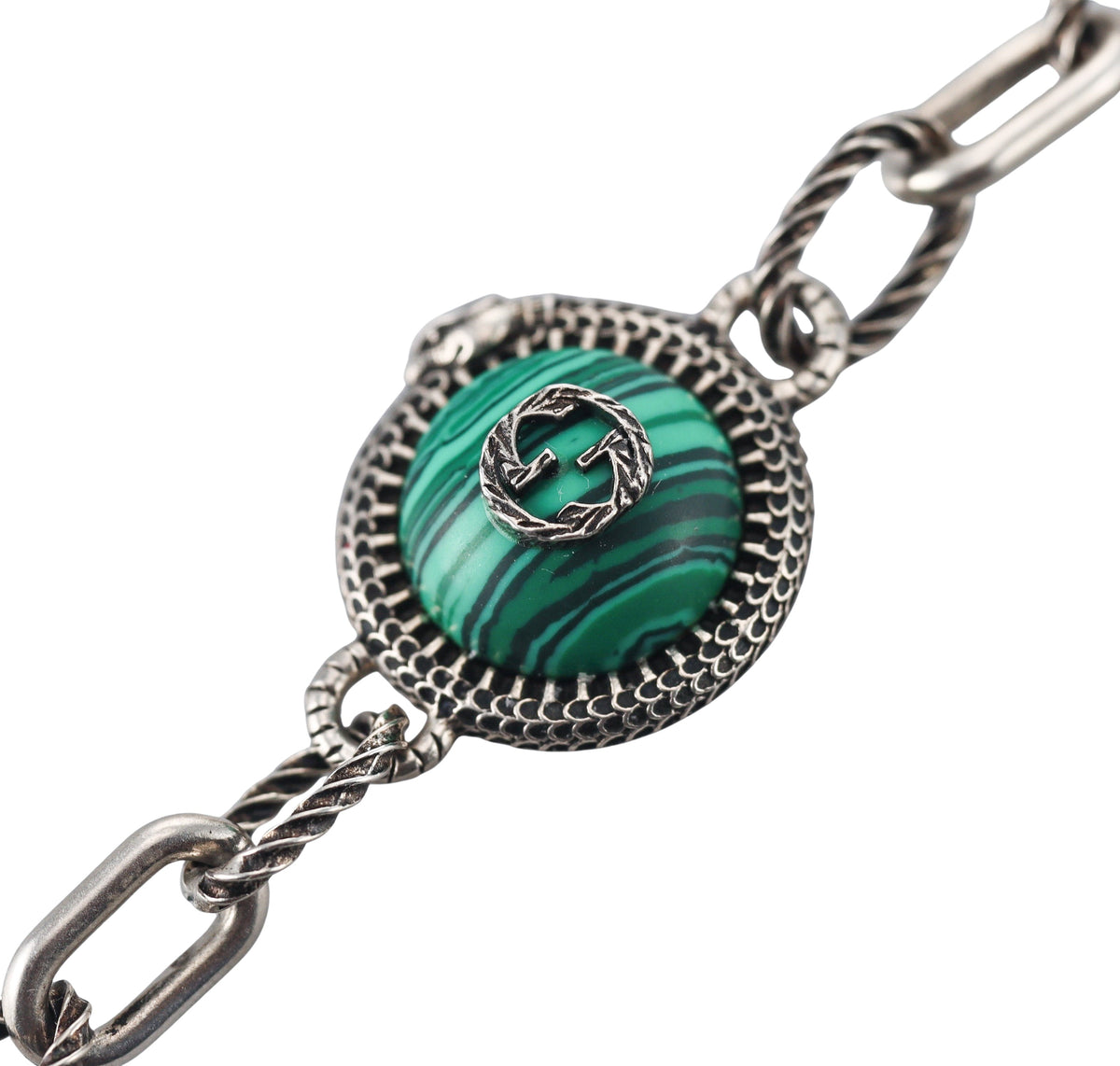 Gucci Sterling Silver Malachite Icon GG Snake Bracelet
