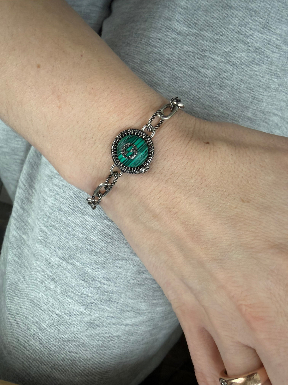 Gucci Sterling Silver Malachite Icon GG Snake Bracelet