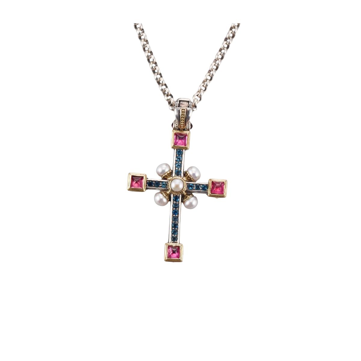 Konstantino Pearl 18k Yellow Gold Sterling Cross Pendant Necklace