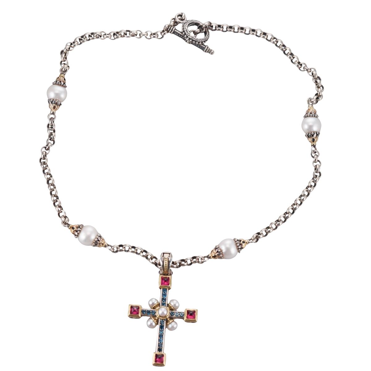 Konstantino Pearl 18k Sterling Cross Pendant Necklace