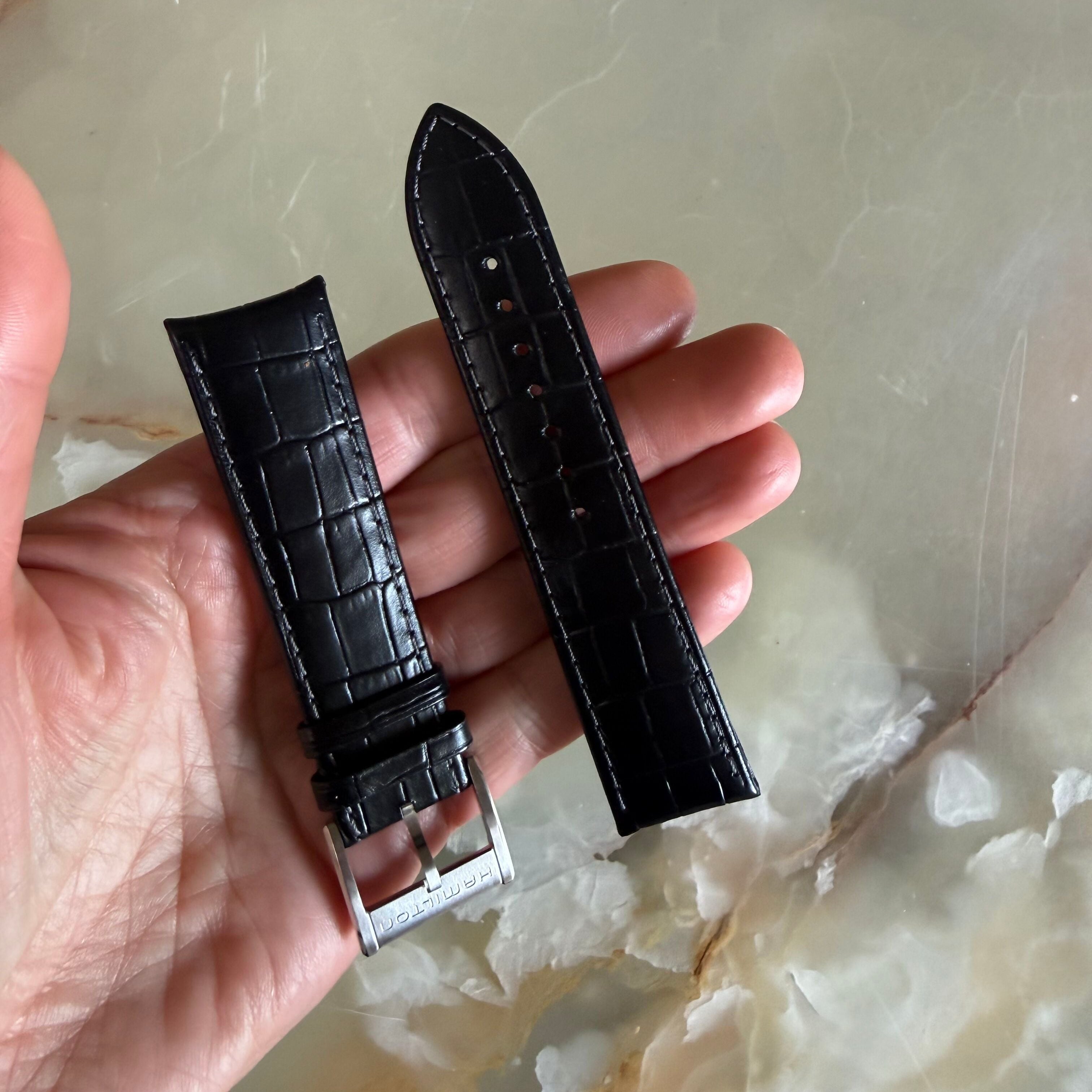 Authentic Hamilton Black Crocodile Leather Watch Strap Band 22mm w Buckle