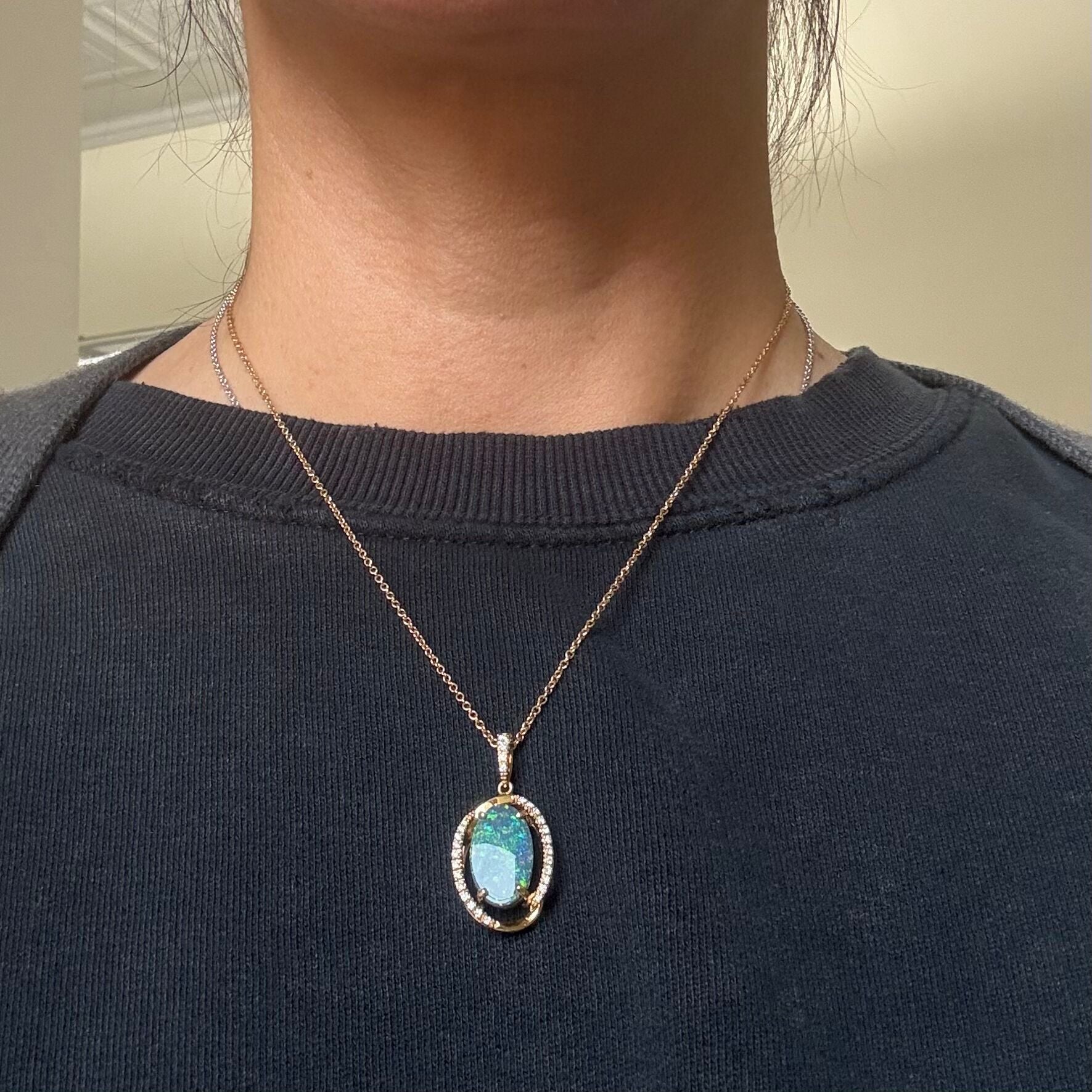 18k Gold Black Australian Opal Diamond Pendant Necklace