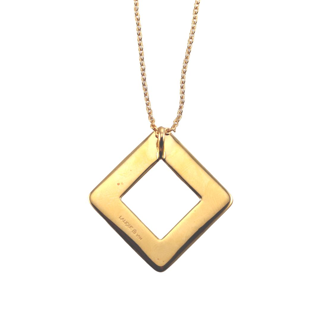 Lalique Losange Panthere Green Crystal Gold Plated Pendant Necklace 10767400