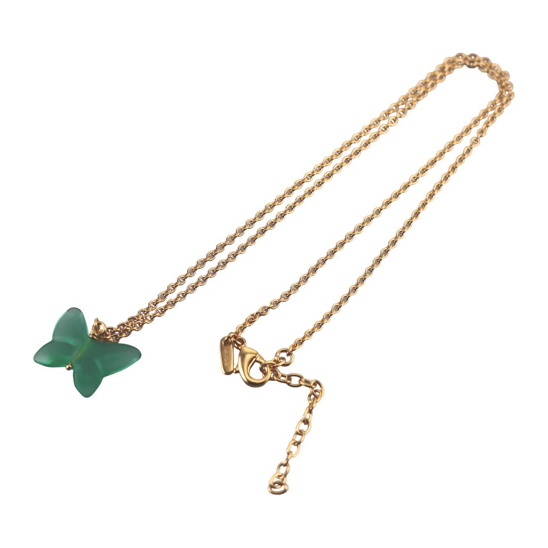 Lalique Papillon Green Crystal Gold Plated Butterfly Pendant Necklace 10755000