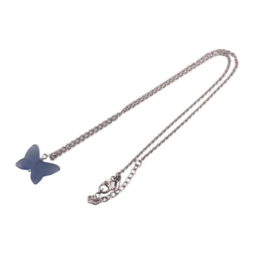 Lalique Papillon Blue Crystal Silver Butterfly Pendant Necklace 10751700