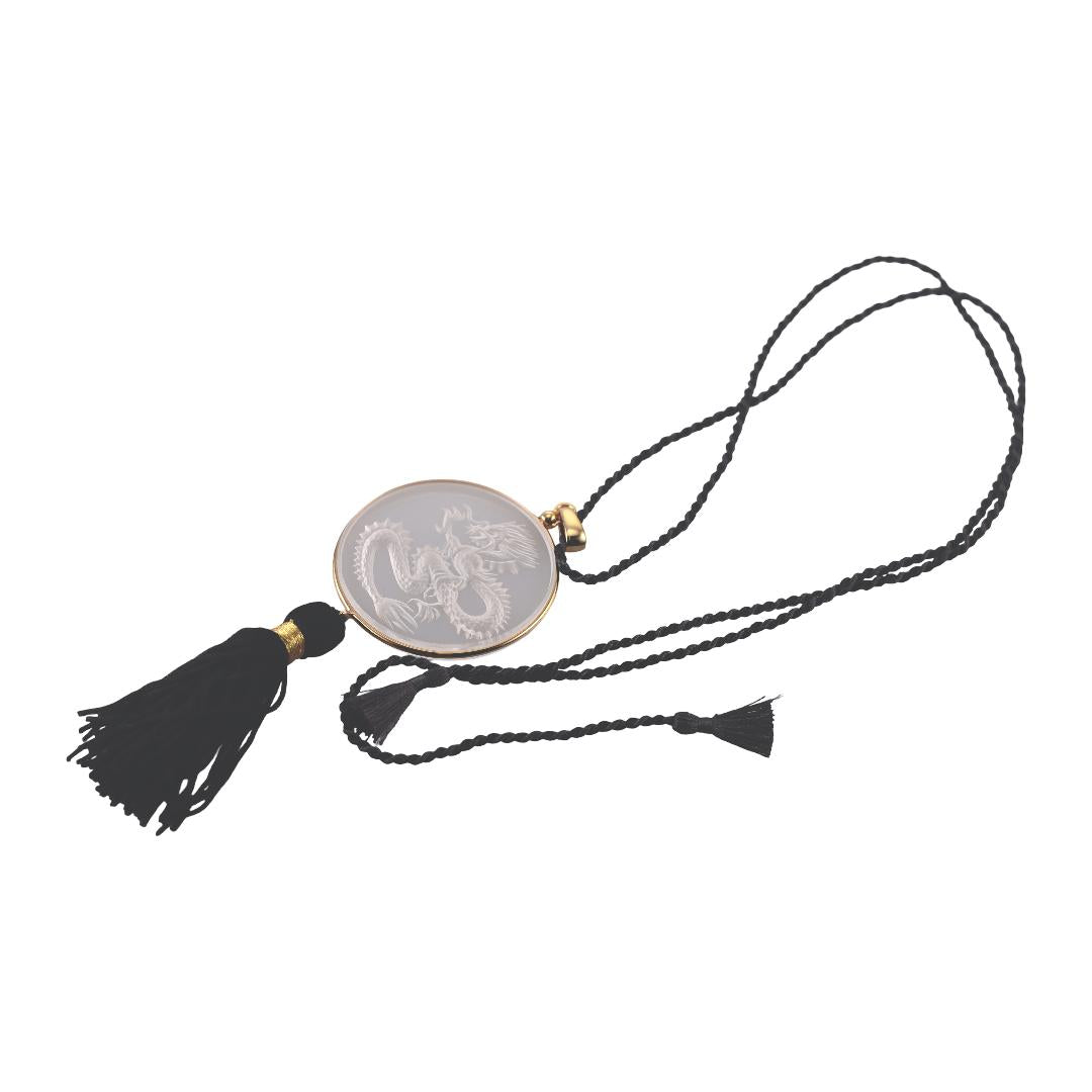 Lalique Dragon Clear Crystal Gold Plated Tassel Pendant Necklace 10791300